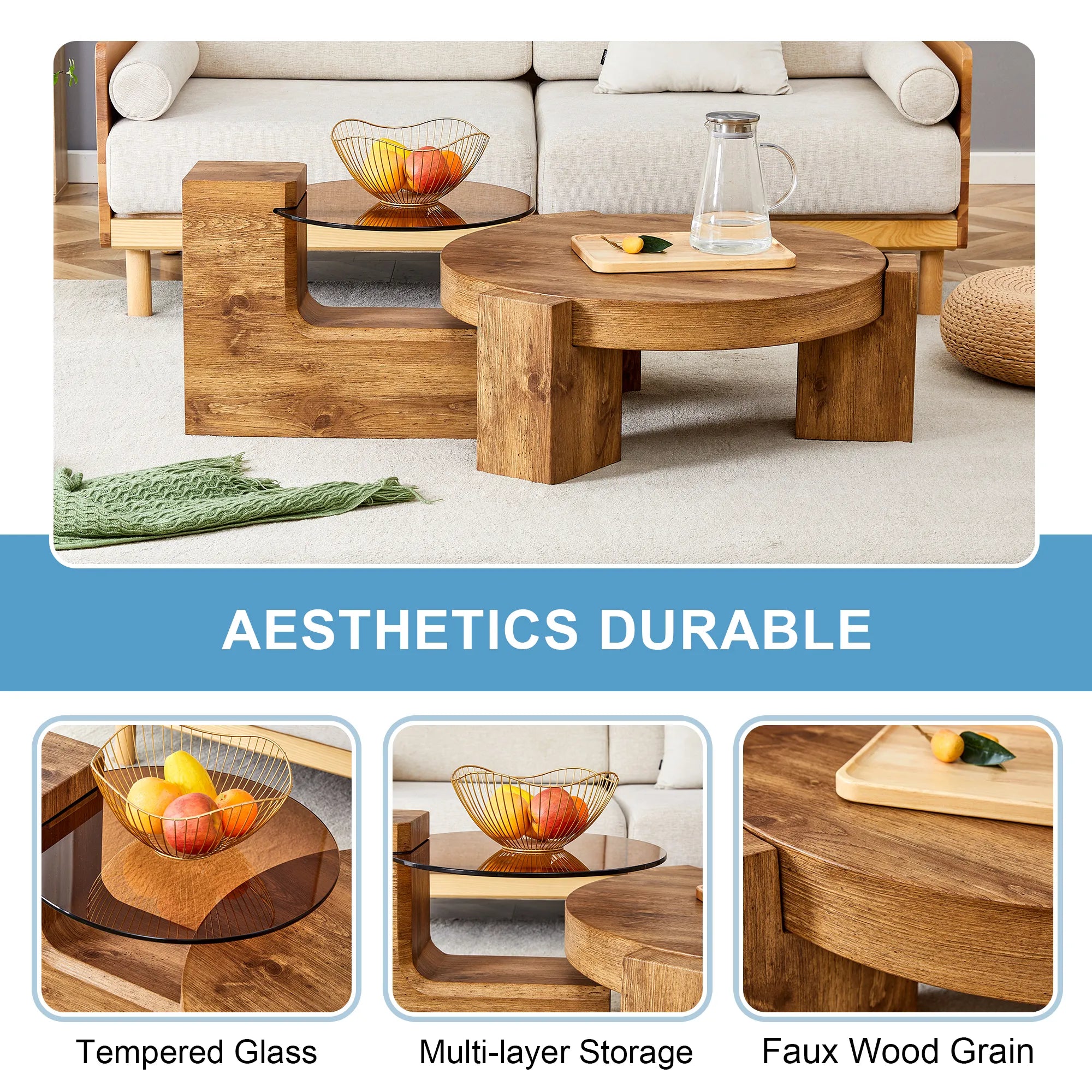 2 Pieces Detachable Modern Coffee Table Side Table Set