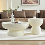 2 Pieces Matte White Cream Round Coffee Table Side Table Set