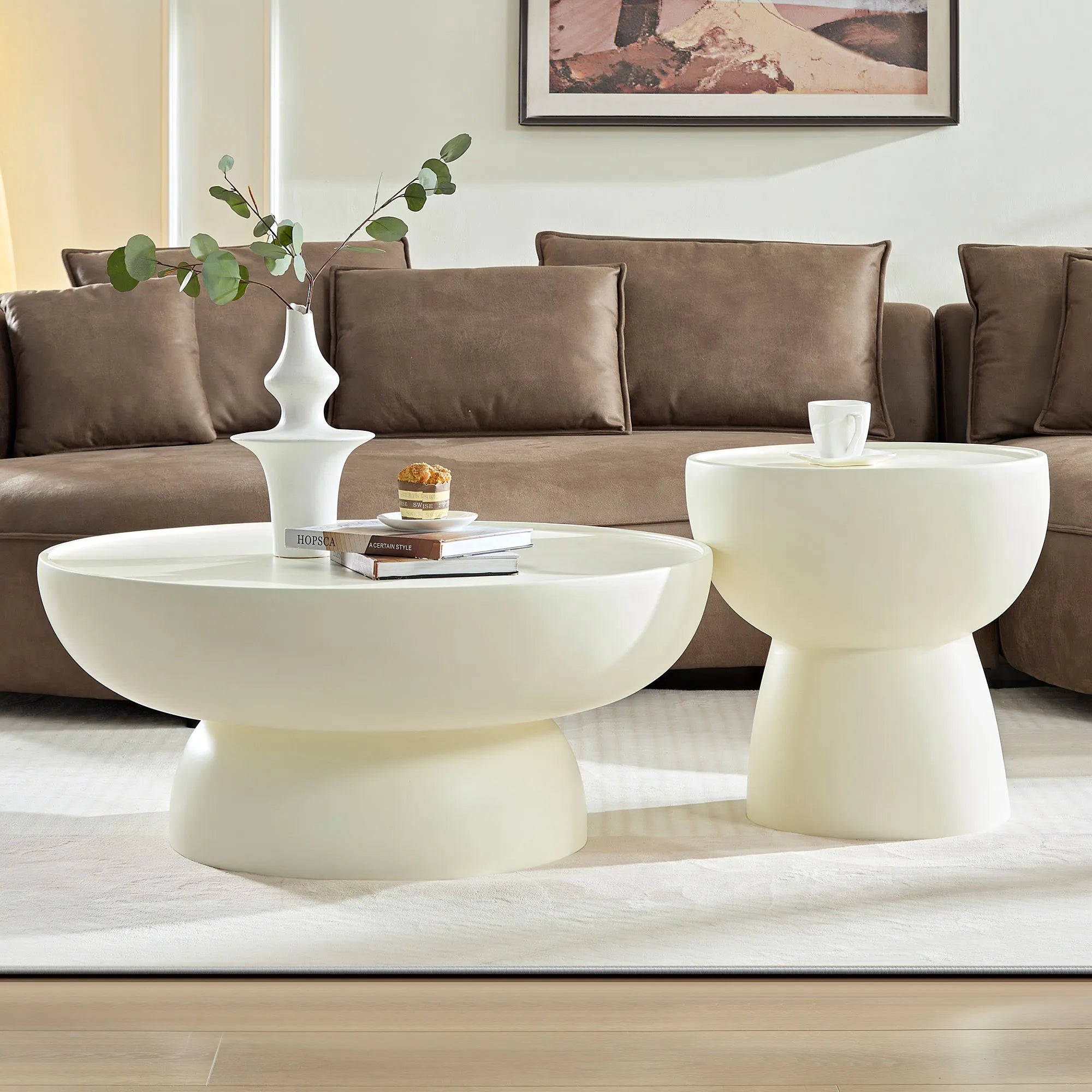 2 Pieces Matte White Cream Round Coffee Table Side Table Set