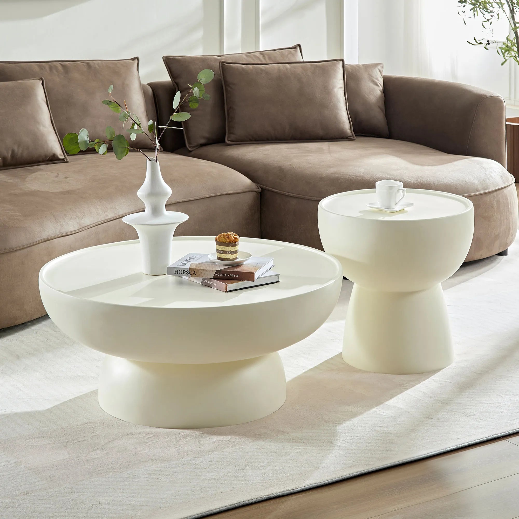 2 Pieces Matte White Cream Round Coffee Table Side Table Set