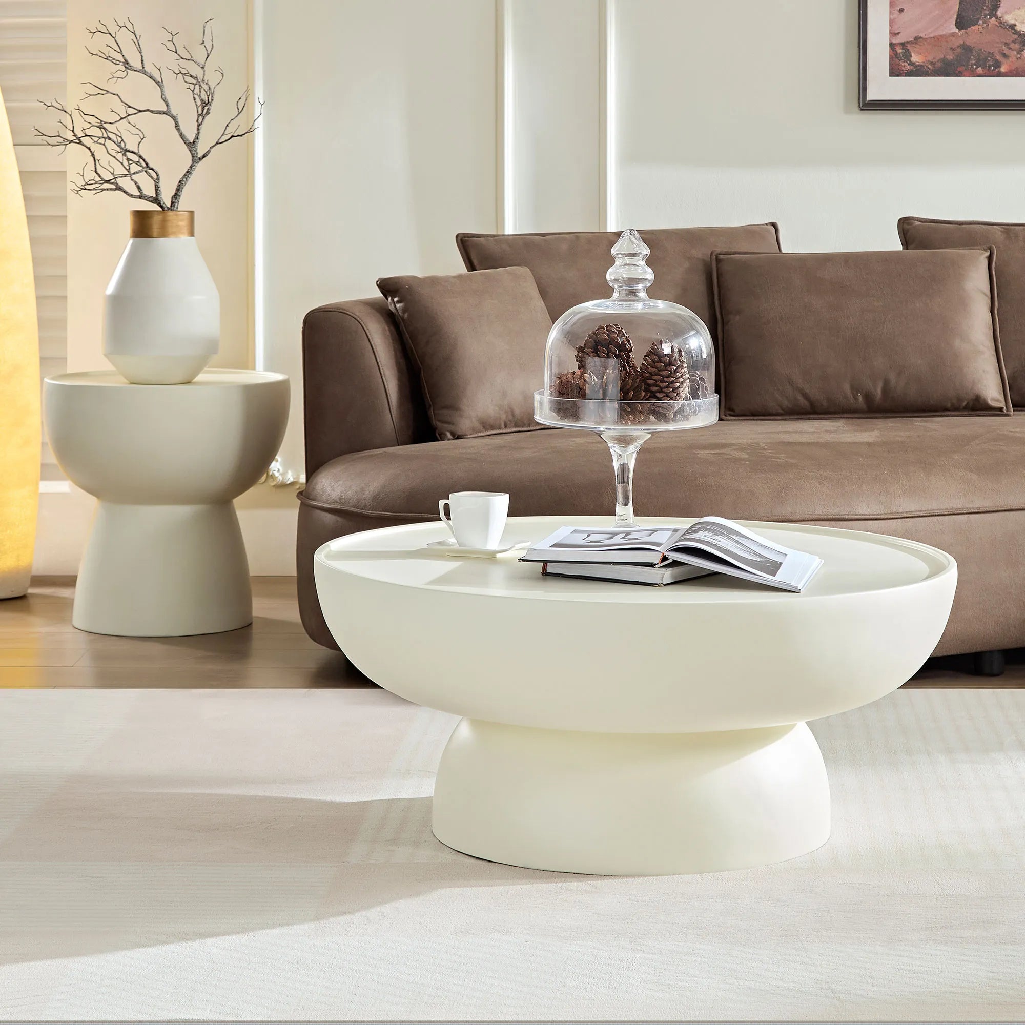2 Pieces Matte White Cream Round Coffee Table Side Table Set