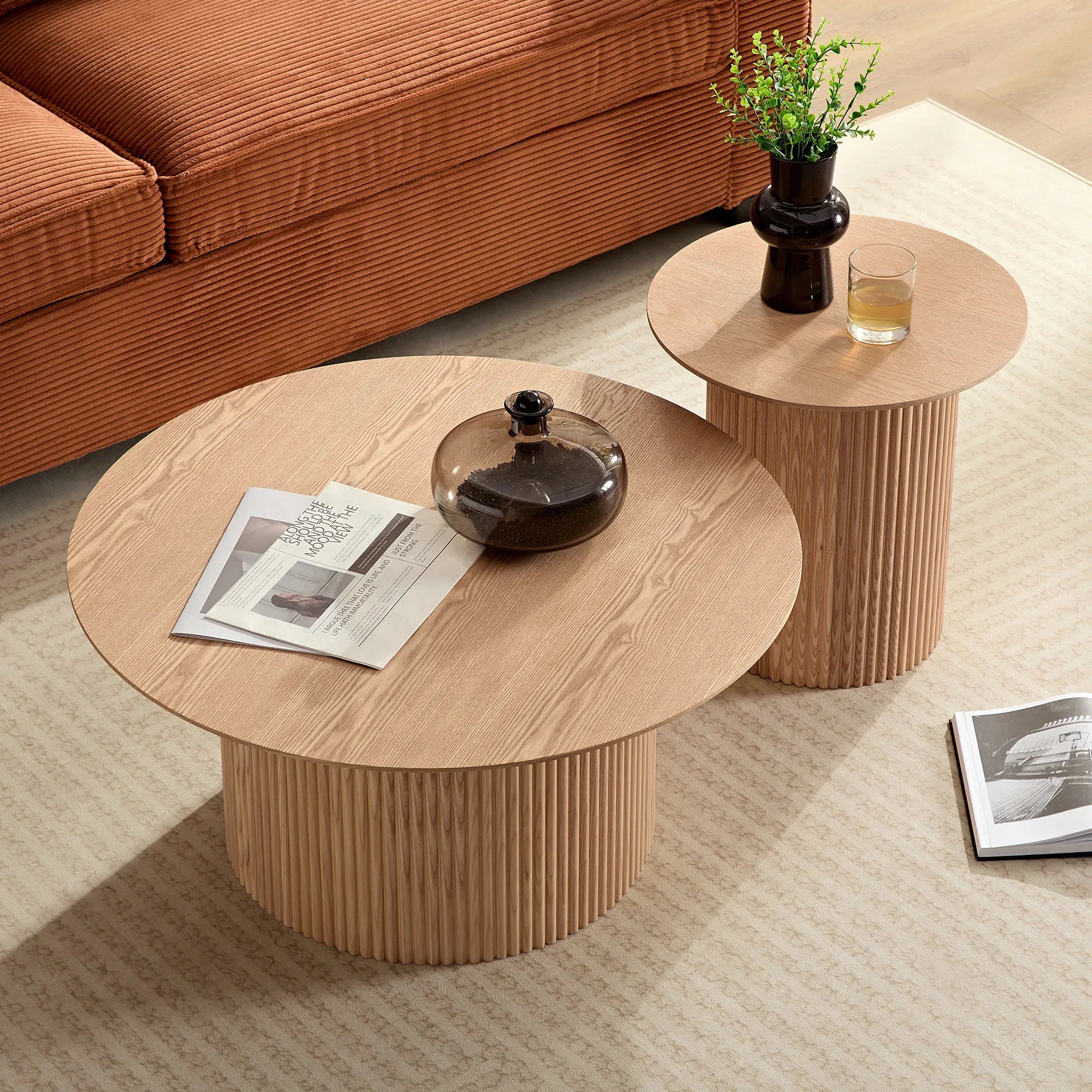 2 Pieces Mid Century Modern Wooden Round Coffee Table Set
