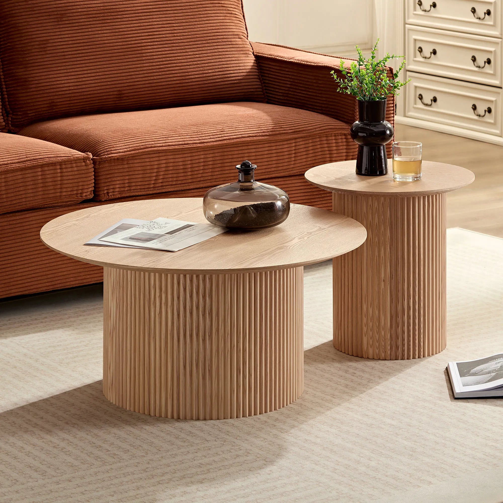 2 Pieces Mid Century Modern Wooden Round Coffee Table Set