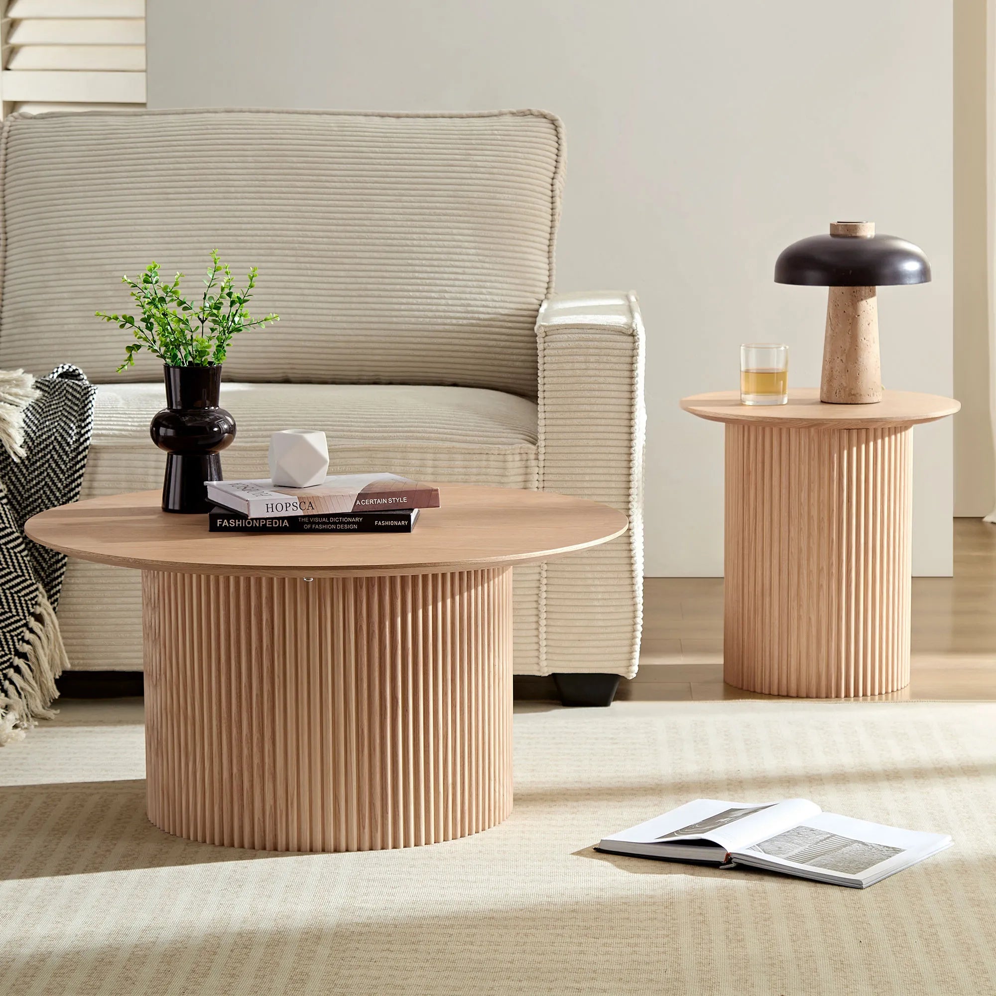 2 Pieces Mid Century Modern Wooden Round Coffee Table Set