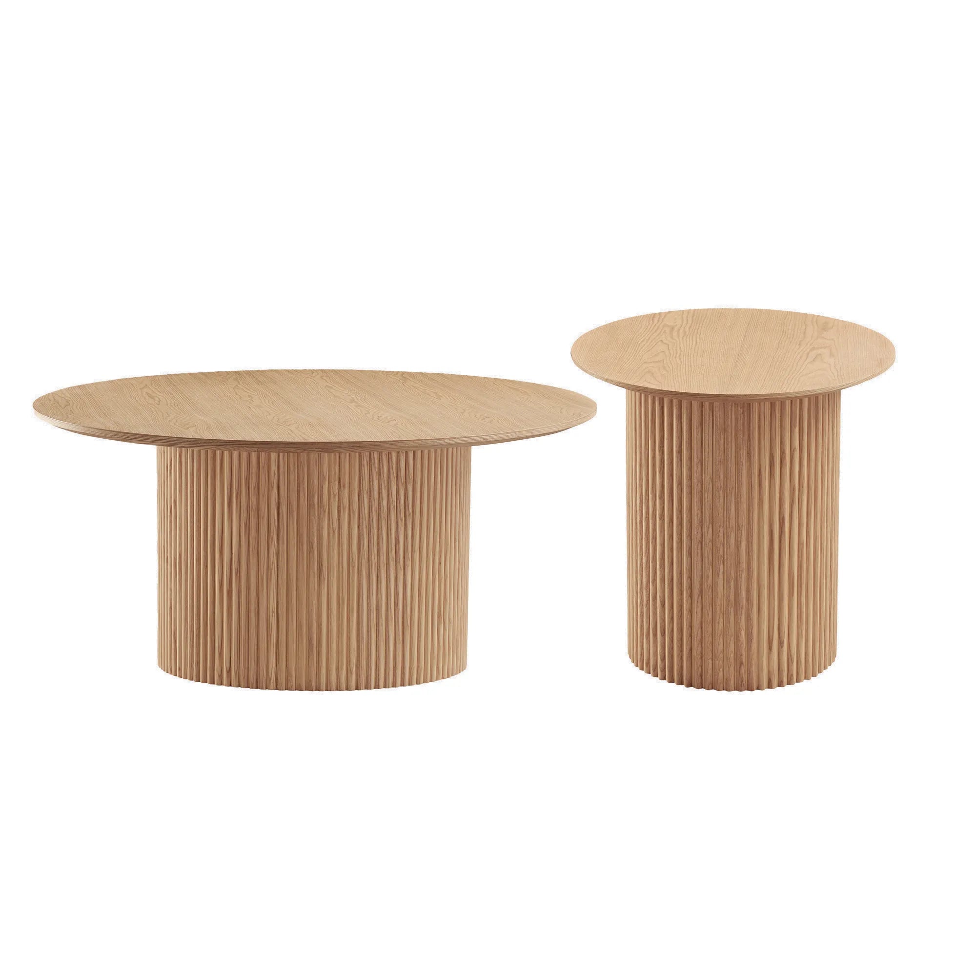 2 Pieces Mid Century Modern Wooden Round Coffee Table Set