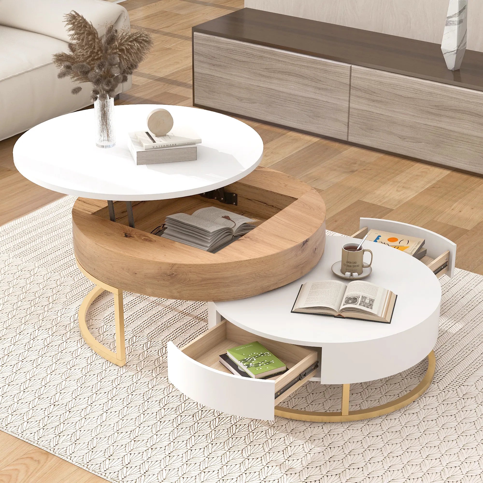 2-Piece Round Nesting Coffee Table Set with Lift-Top Storage