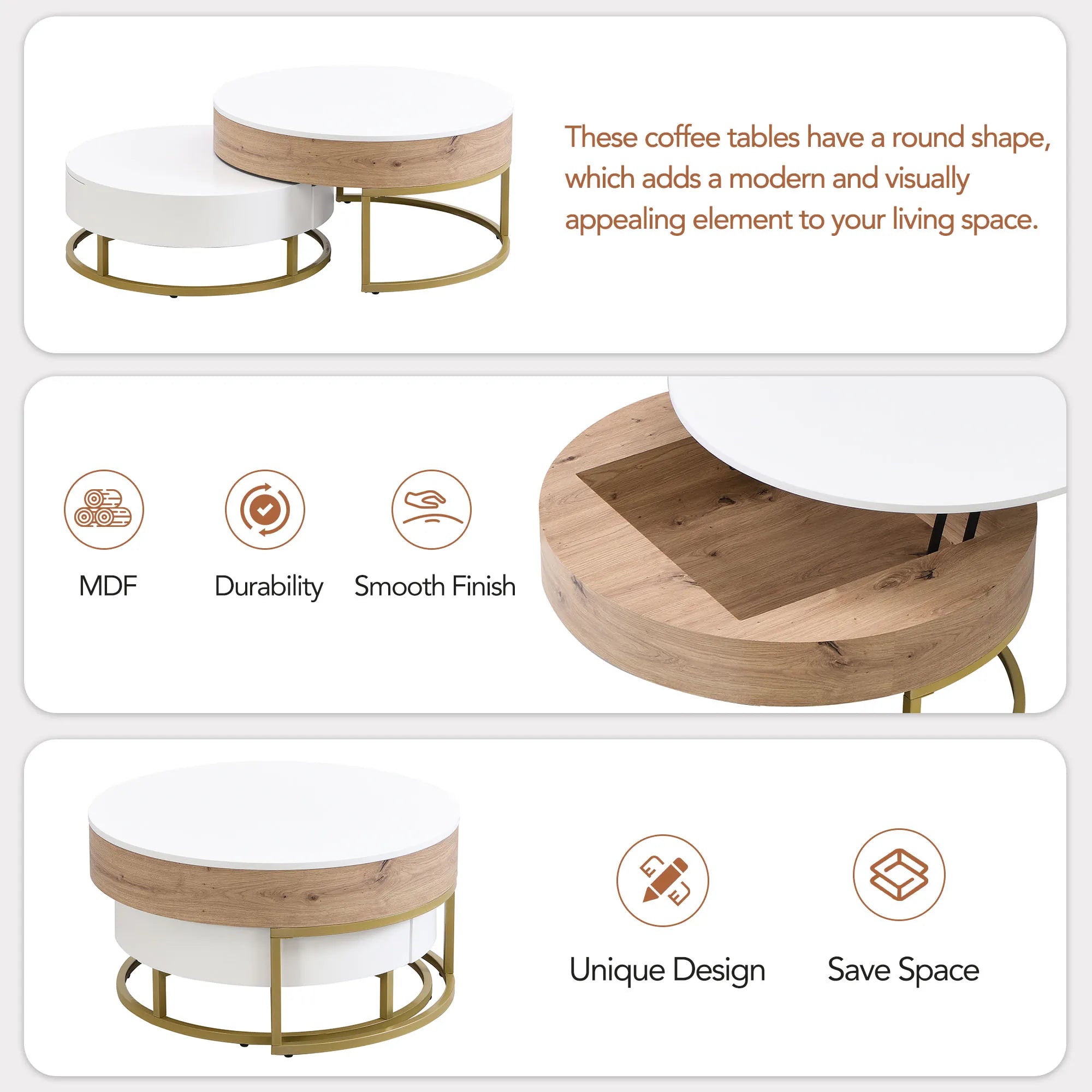 2-Piece Round Nesting Coffee Table Set with Lift-Top Storage