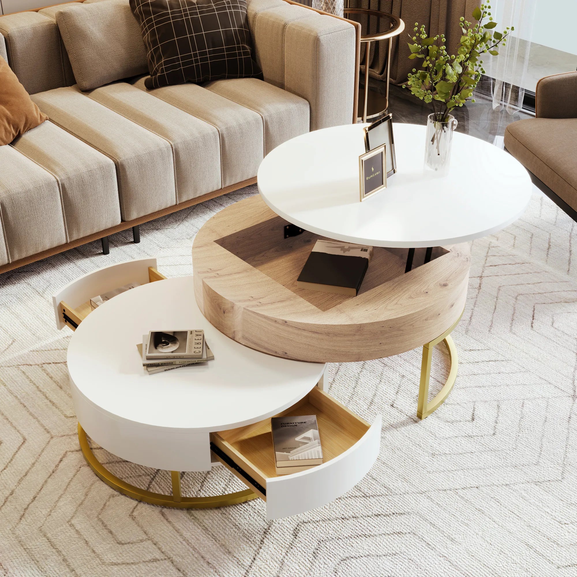 2-Piece Round Nesting Coffee Table Set with Lift-Top Storage