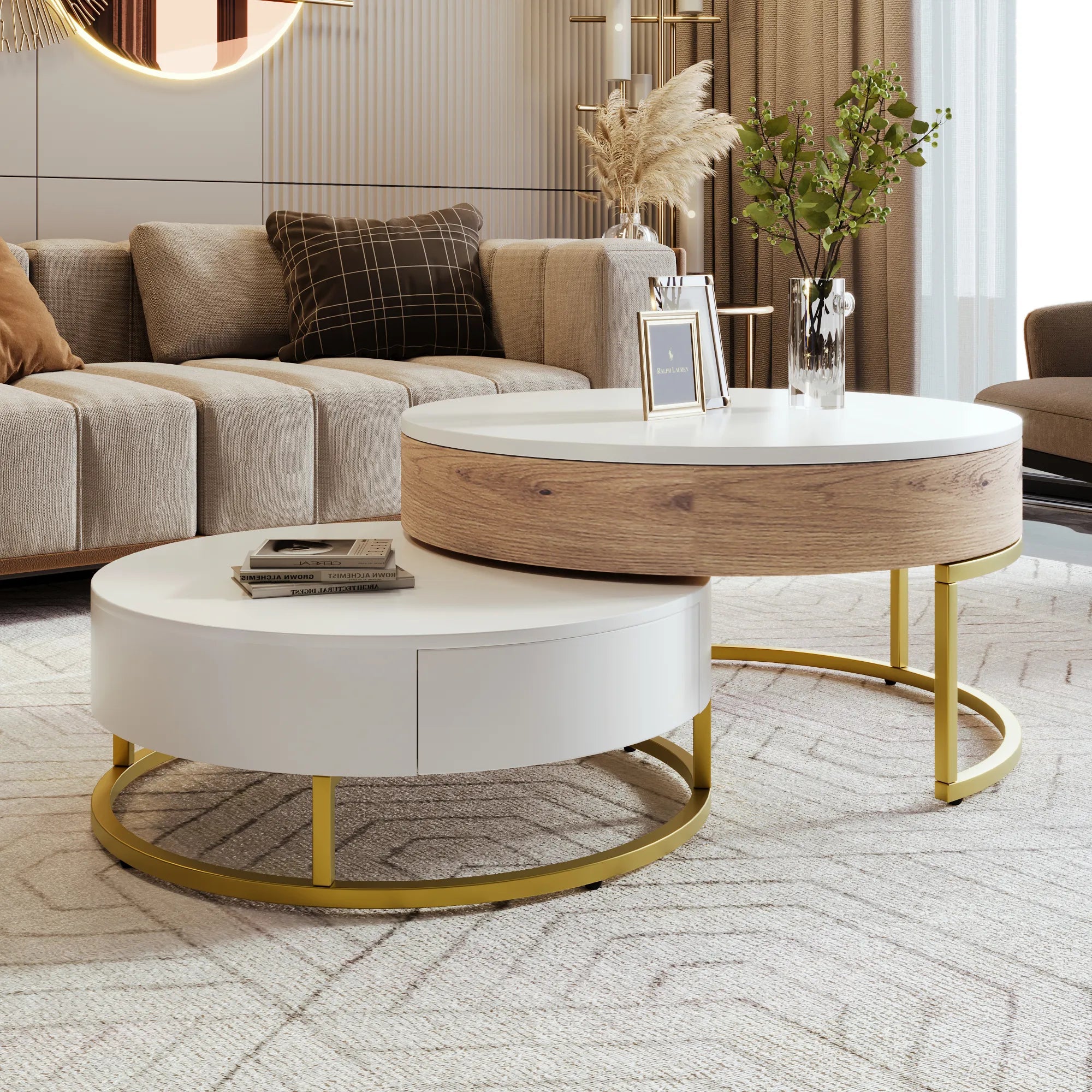 2-Piece Round Nesting Coffee Table Set with Lift-Top Storage