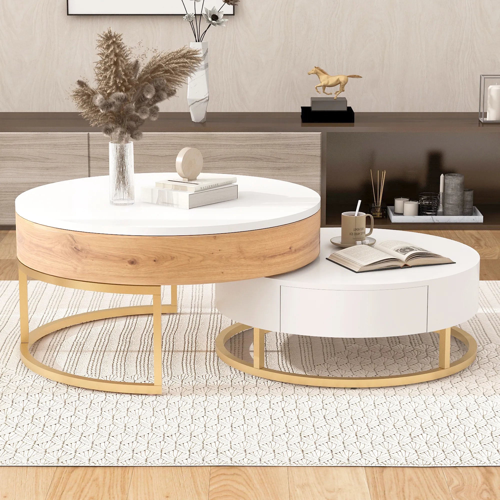2-Piece Round Nesting Coffee Table Set with Lift-Top Storage