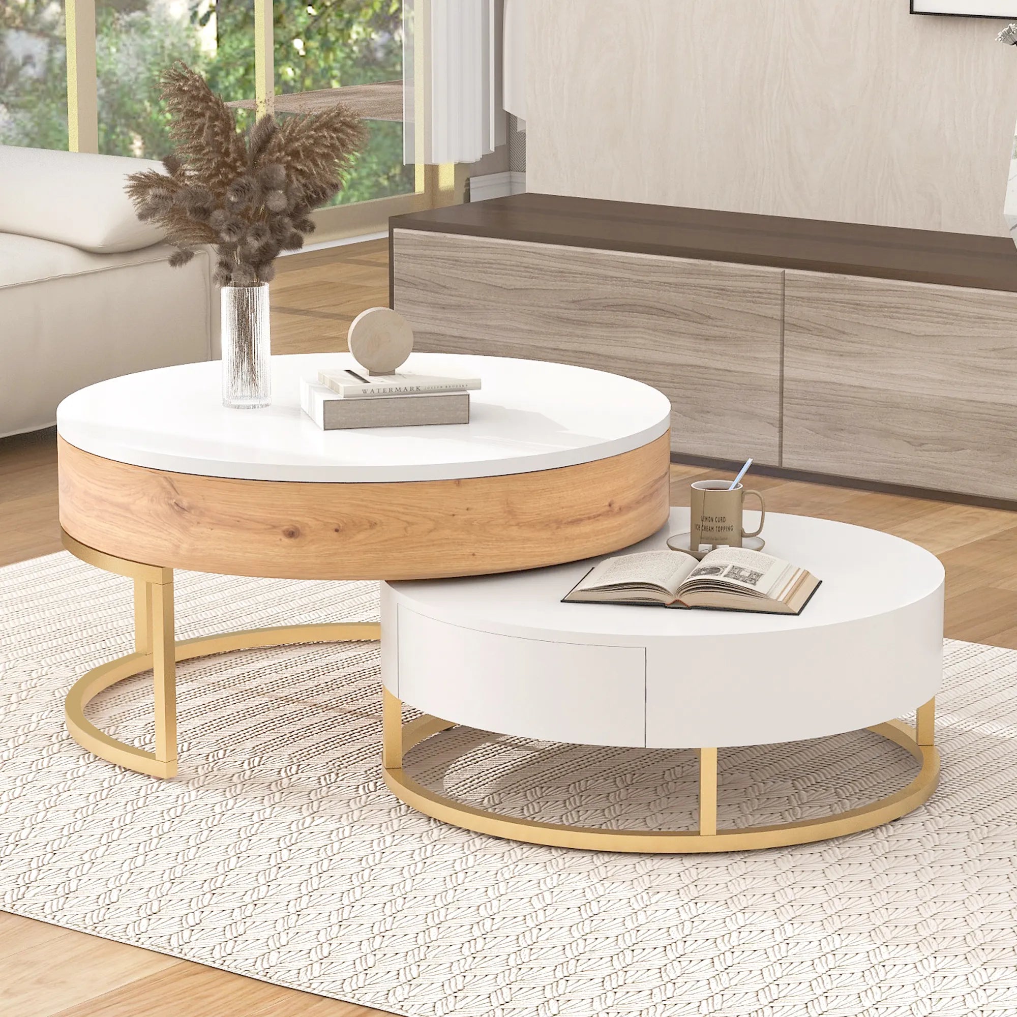 2-Piece Round Nesting Coffee Table Set with Lift-Top Storage