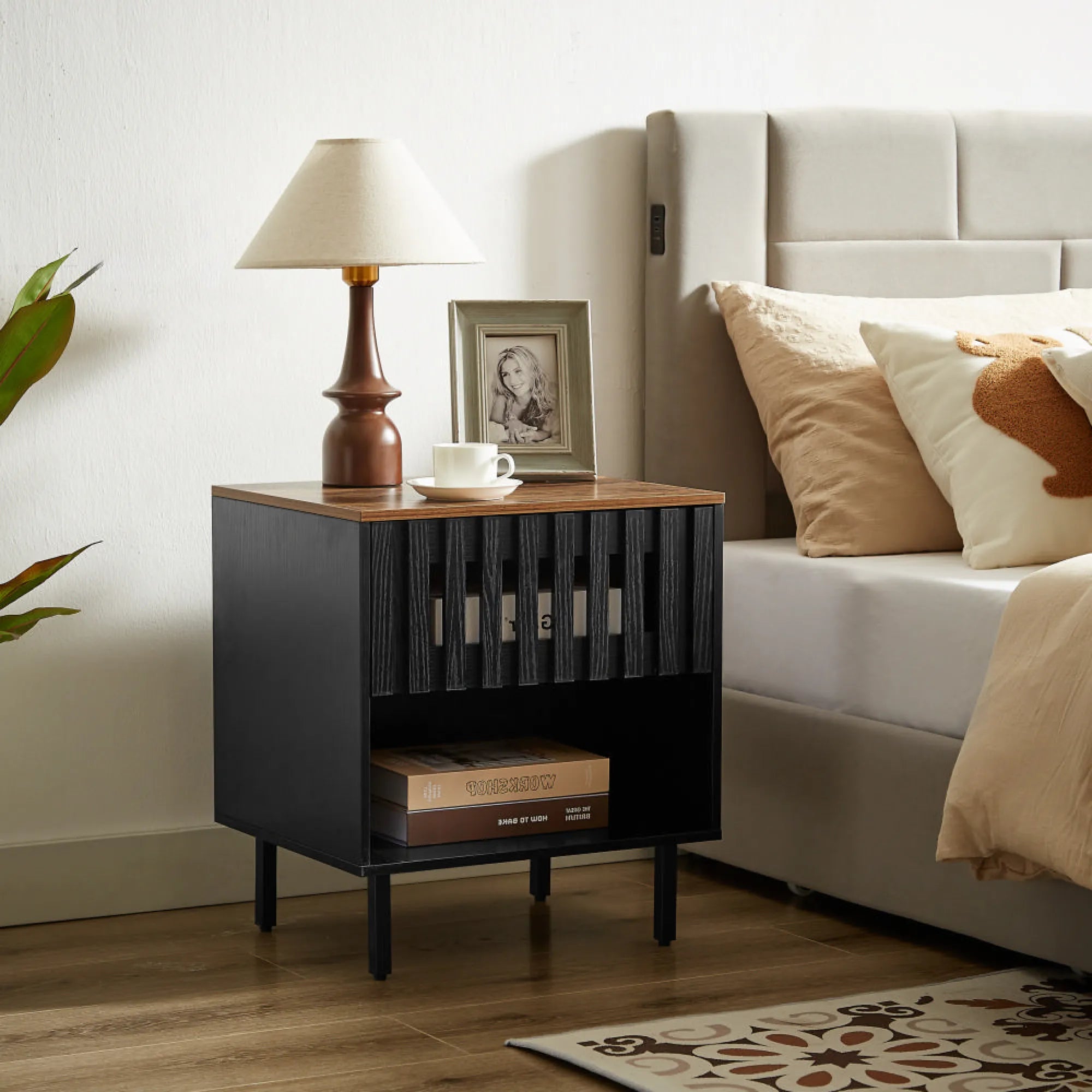 2 Pieces Set Mid Century Modern Nightstand with Grille Striped Doors