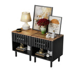 2 Pieces Set Mid Century Modern Nightstand with Grille Striped Doors