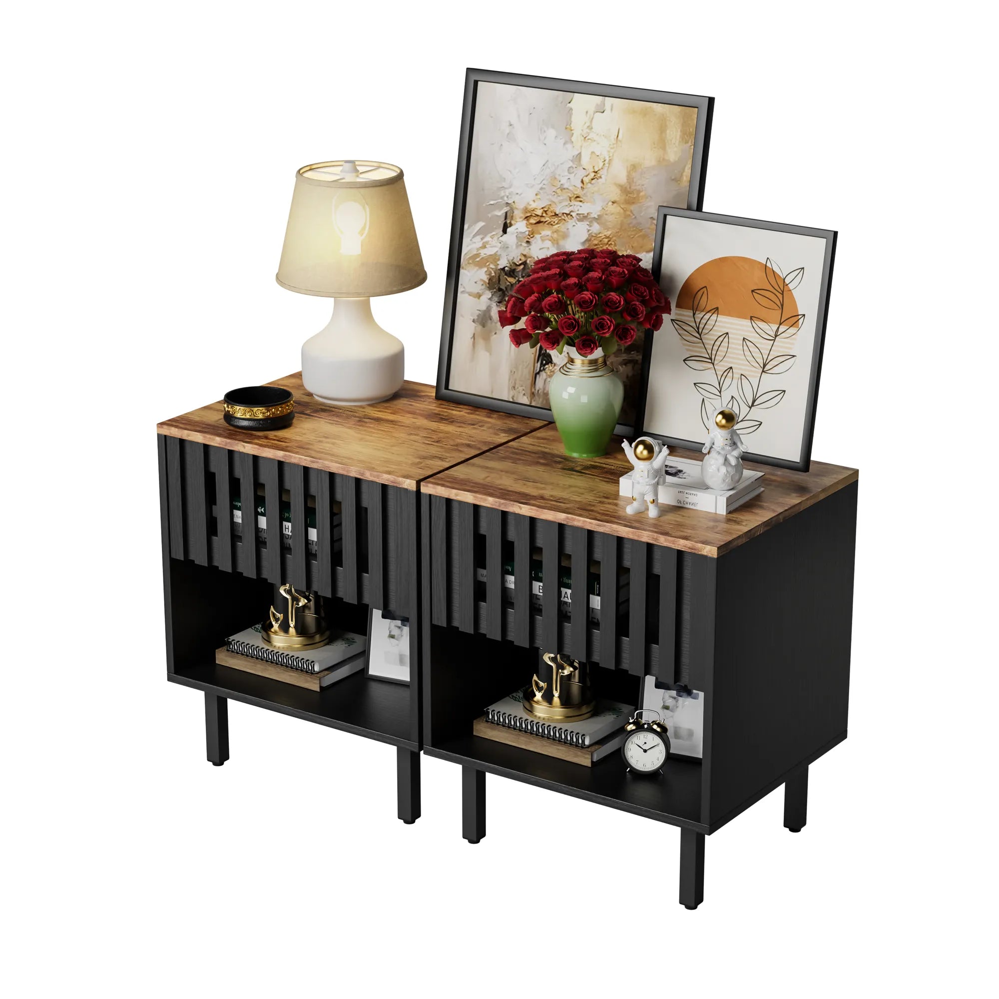 2 Pieces Set Mid Century Modern Nightstand with Grille Striped Doors
