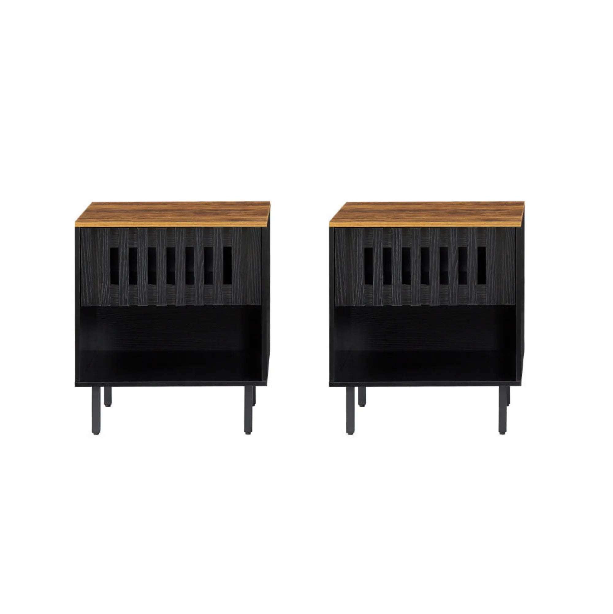 2 Pieces Set Mid Century Modern Nightstand with Grille Striped Doors