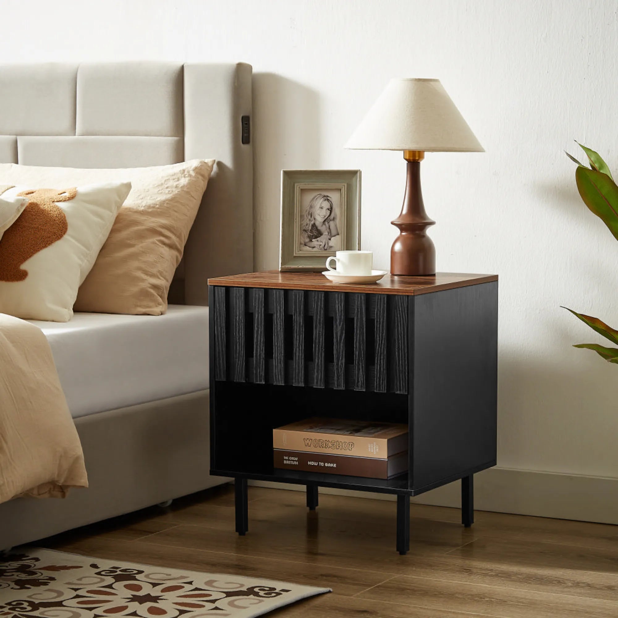 2 Pieces Set Mid Century Modern Nightstand with Grille Striped Doors