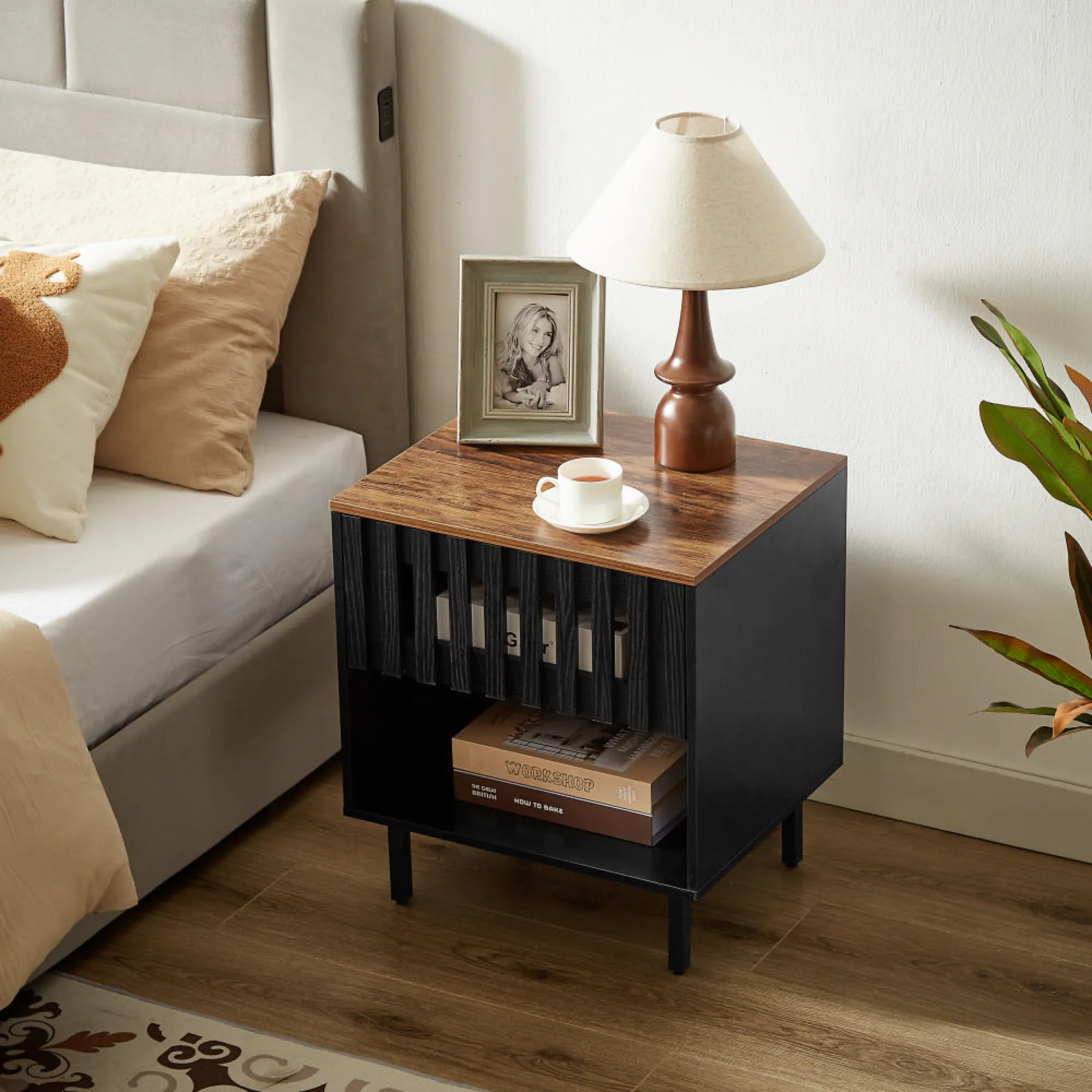 2 Pieces Set Mid Century Modern Nightstand with Grille Striped Doors