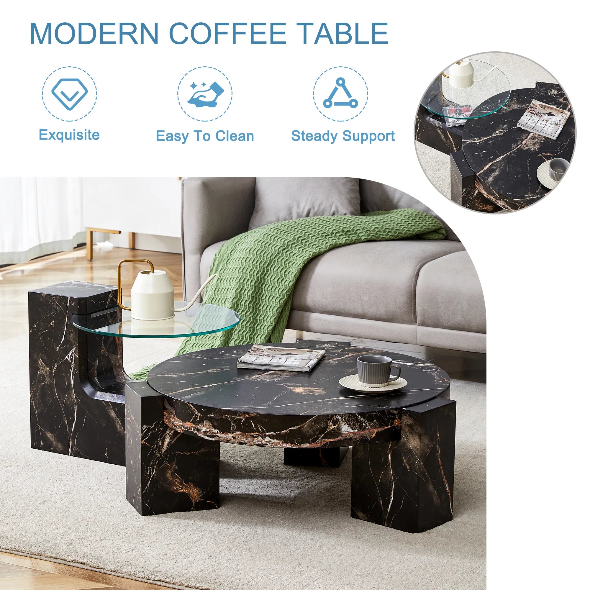 2 Pieces Detachable Modern Coffee Table Side Table Set