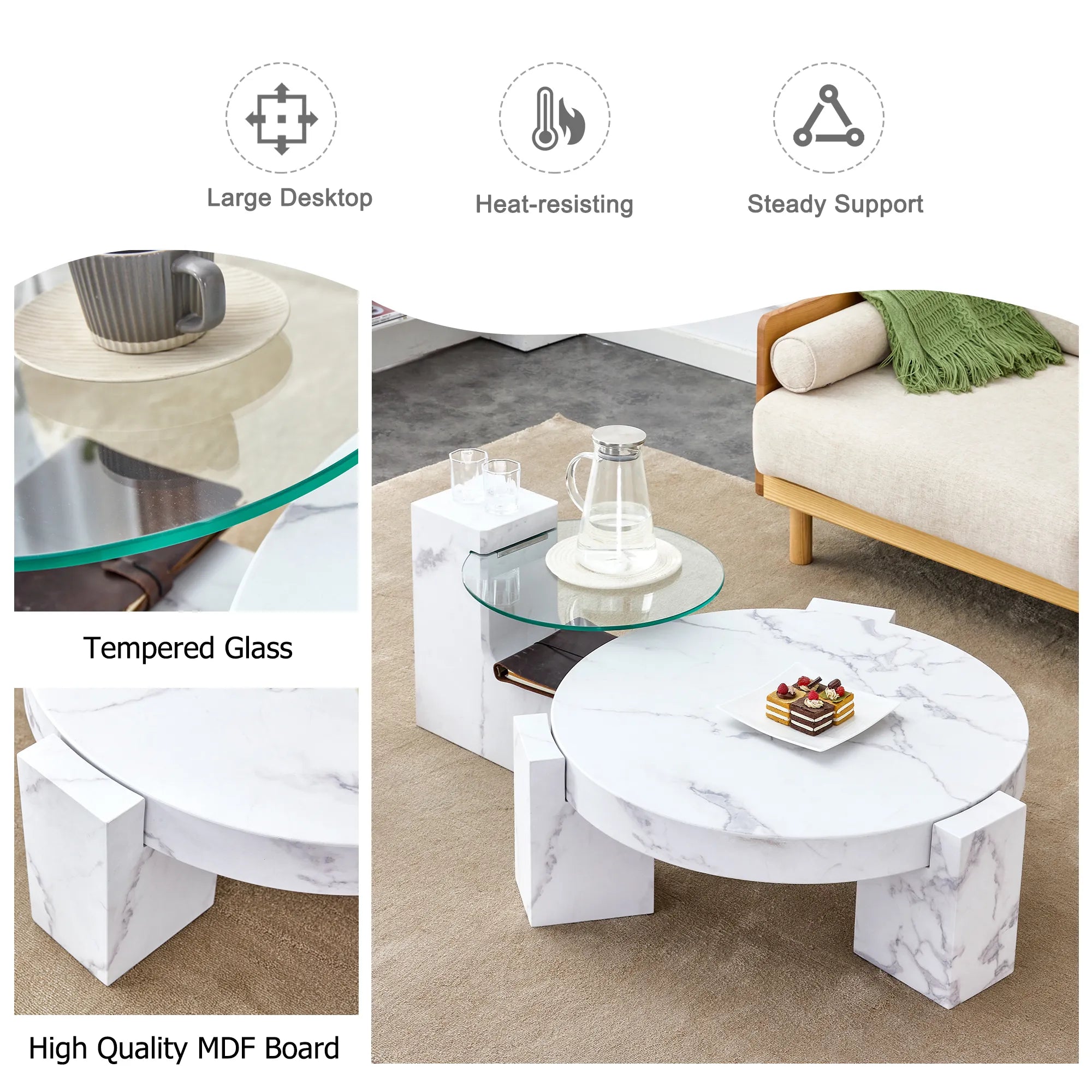 2 Pieces Detachable Modern Coffee Table Side Table Set
