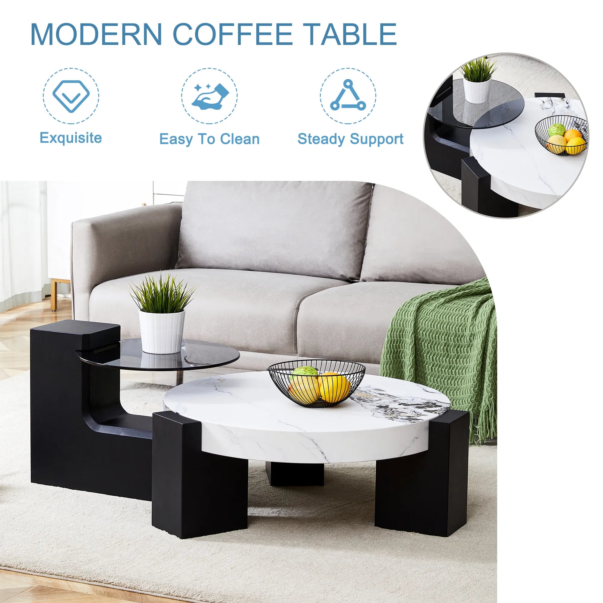 2 Pieces Detachable Modern Coffee Table Side Table Set