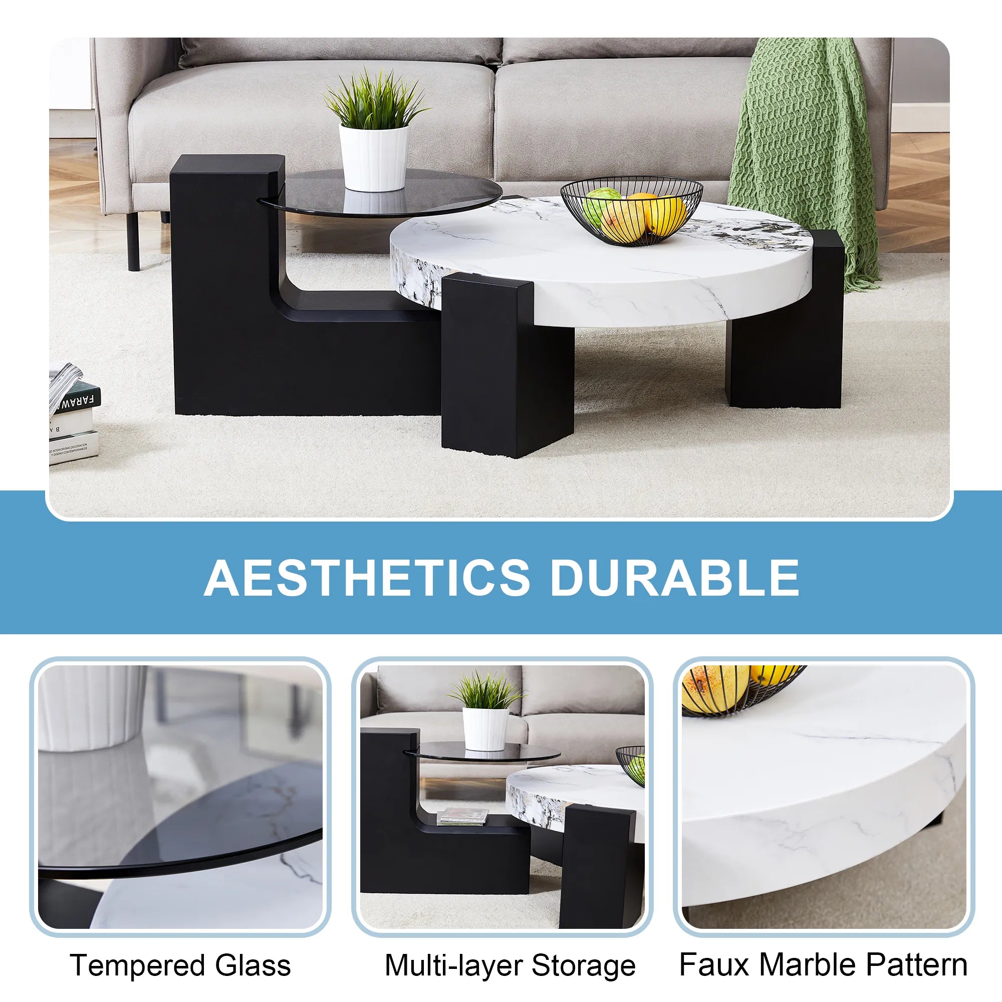 2 Pieces Detachable Modern Coffee Table Side Table Set