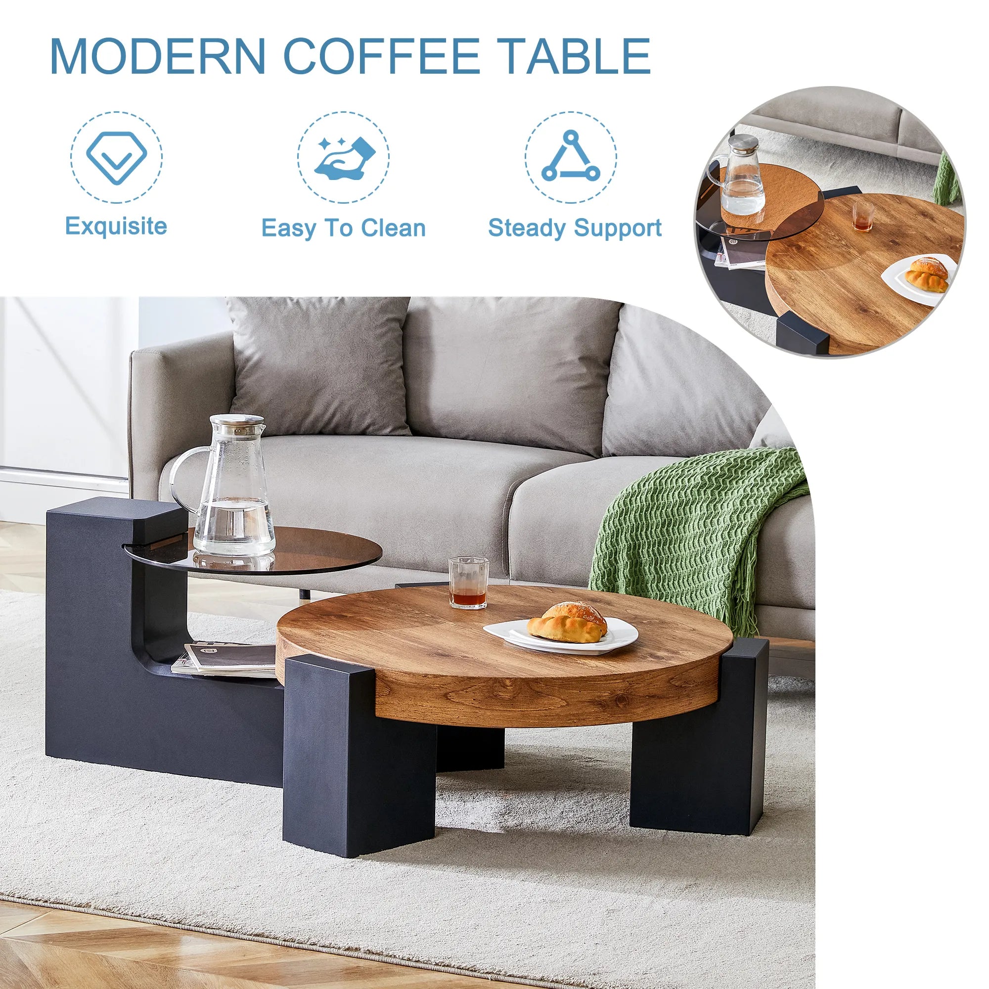 2 Pieces Detachable Modern Coffee Table Side Table Set