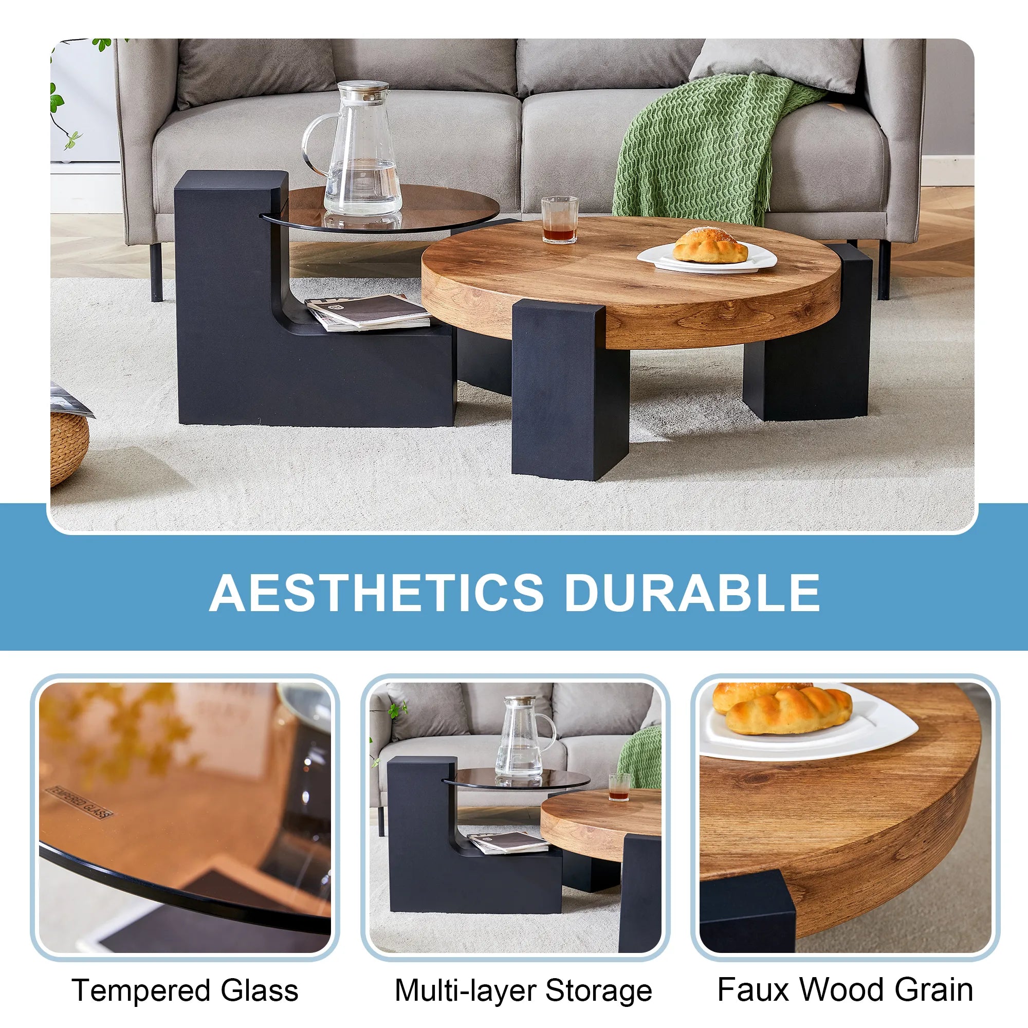 2 Pieces Detachable Modern Coffee Table Side Table Set