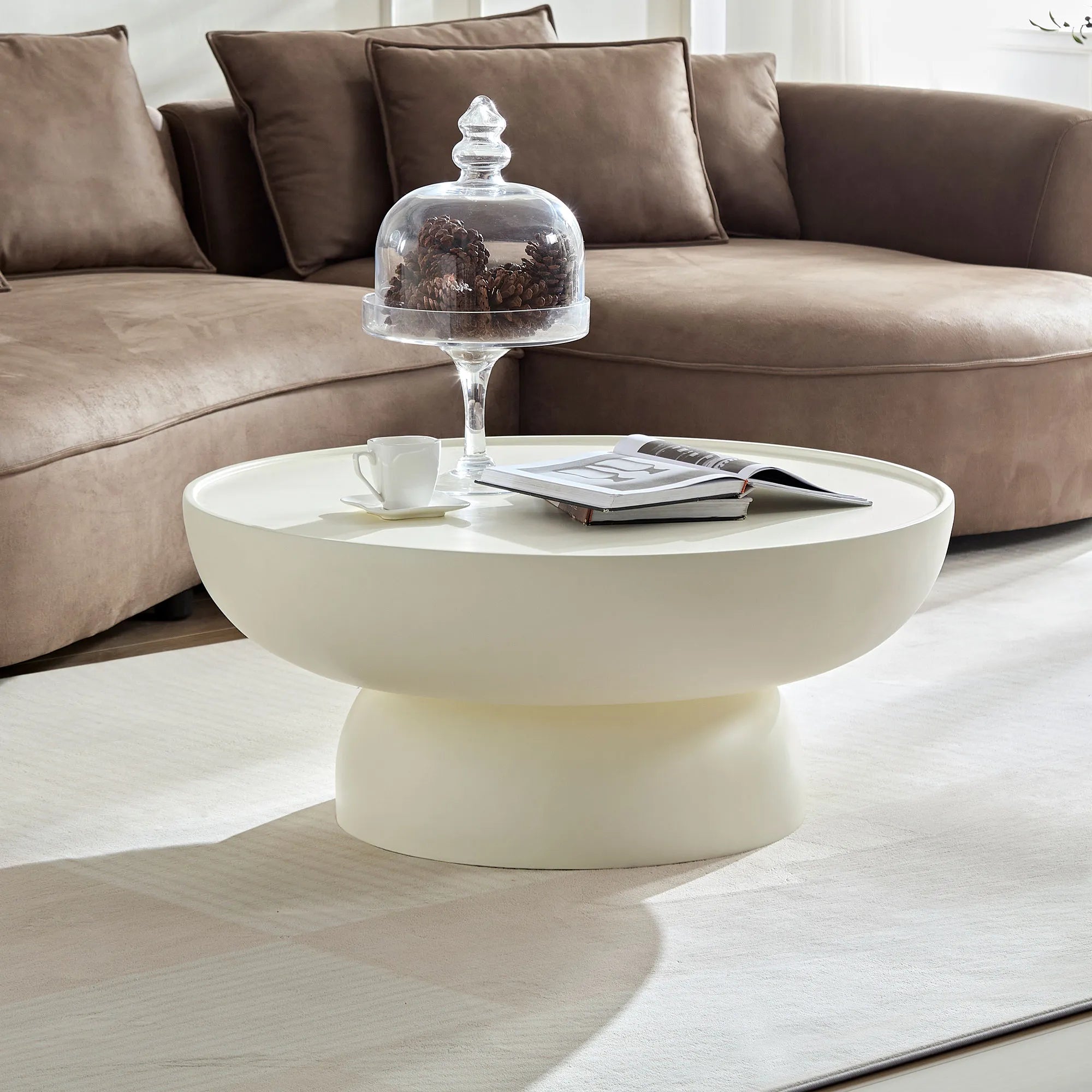 2 Pieces Matte White Cream Round Coffee Table Side Table Set