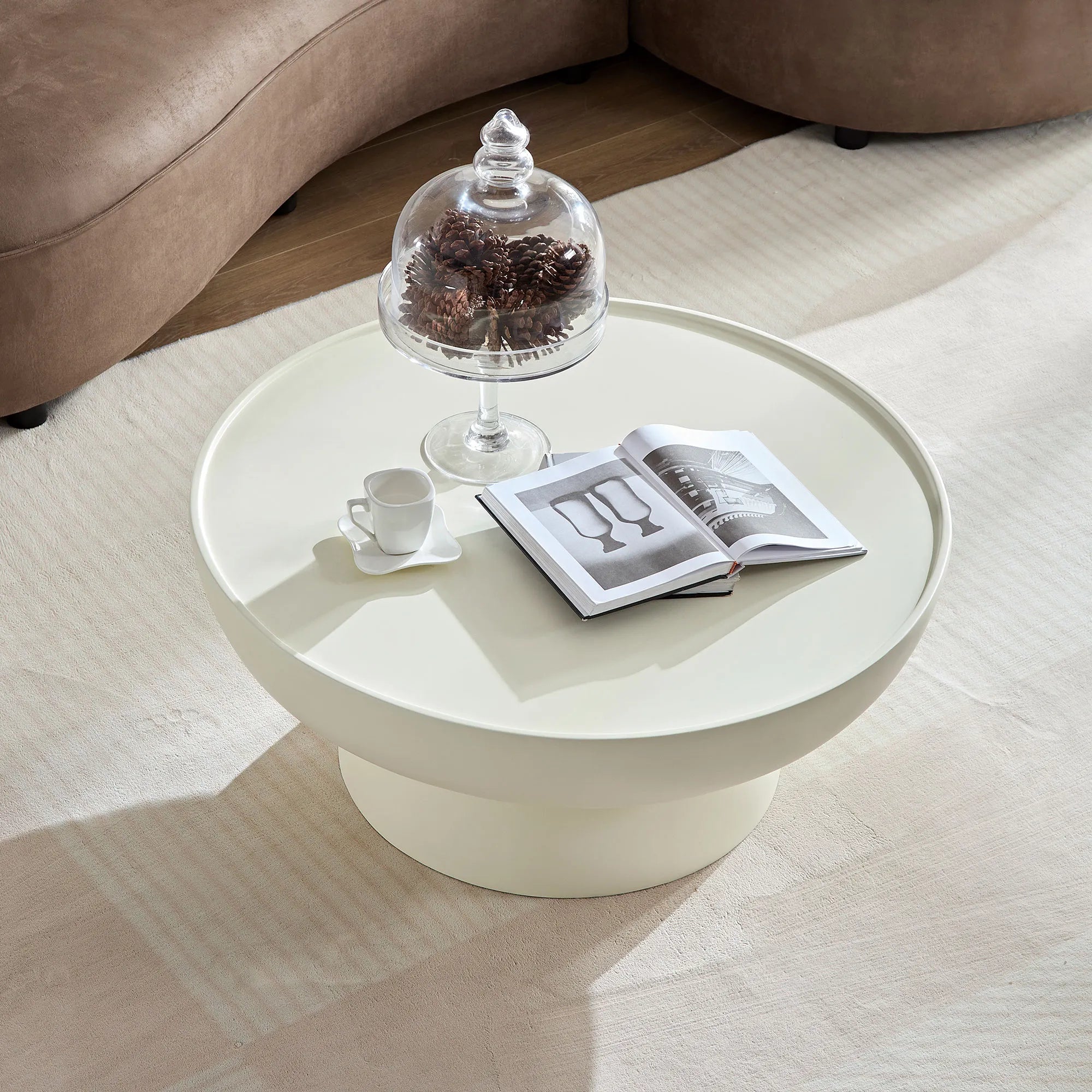 2 Pieces Matte White Cream Round Coffee Table Side Table Set