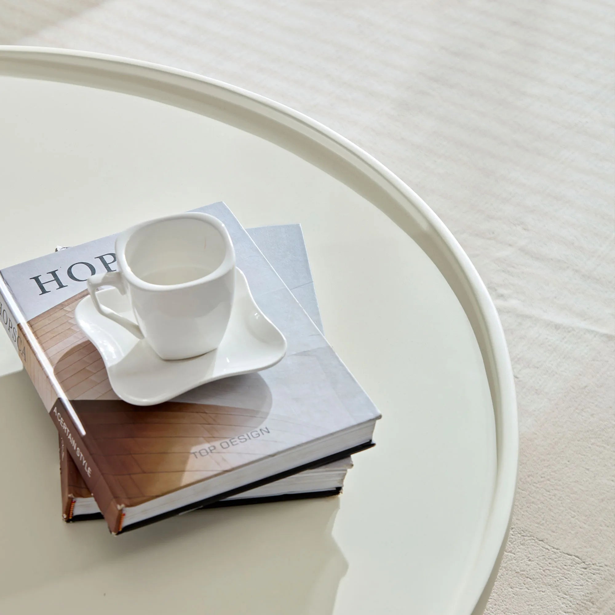 2 Pieces Matte White Cream Round Coffee Table Side Table Set