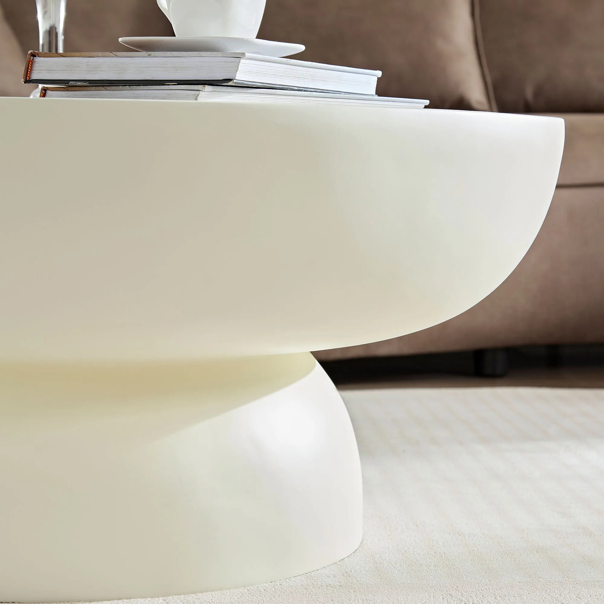 2 Pieces Matte White Cream Round Coffee Table Side Table Set