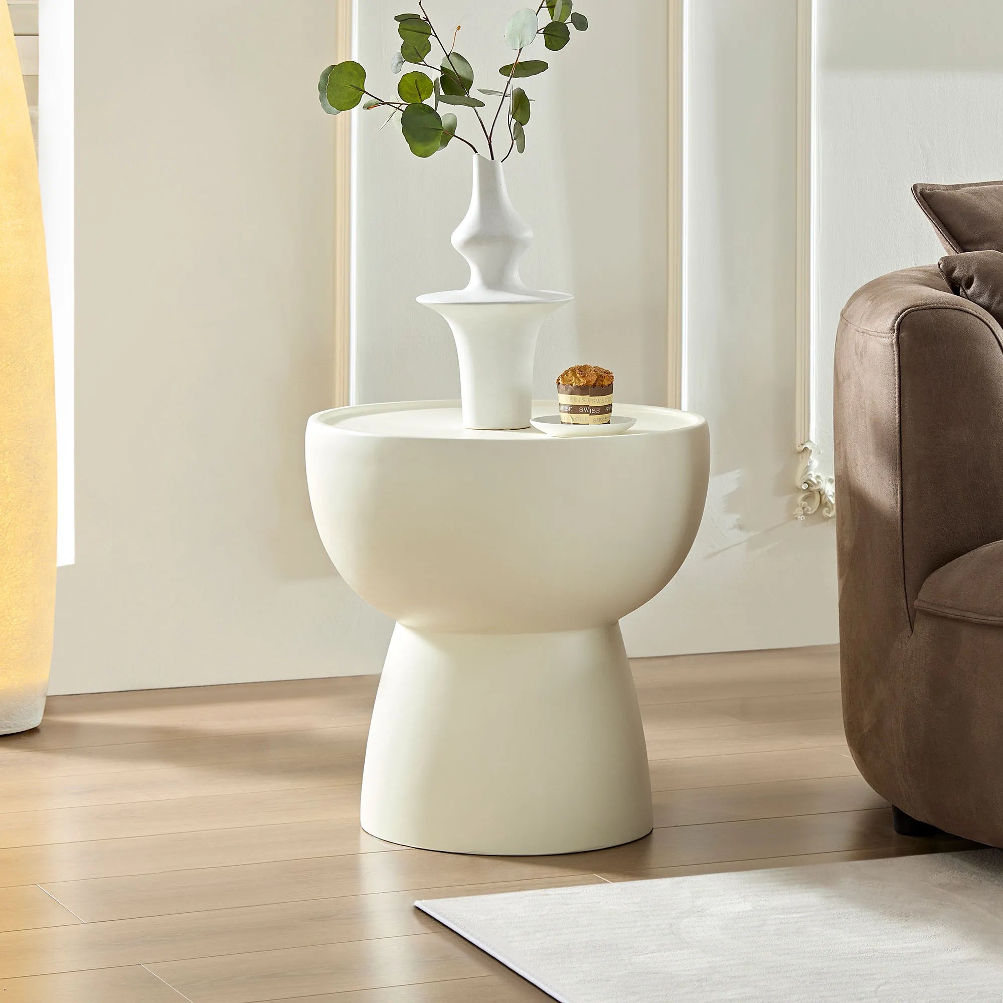 2 Pieces Matte White Cream Round Coffee Table Side Table Set