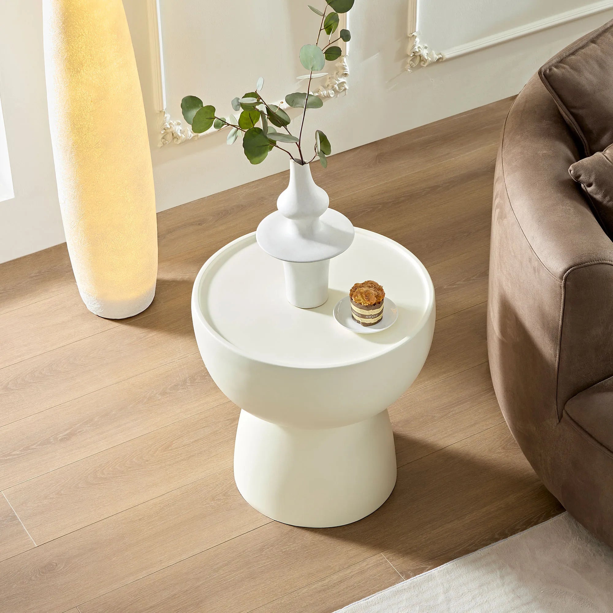 2 Pieces Matte White Cream Round Coffee Table Side Table Set