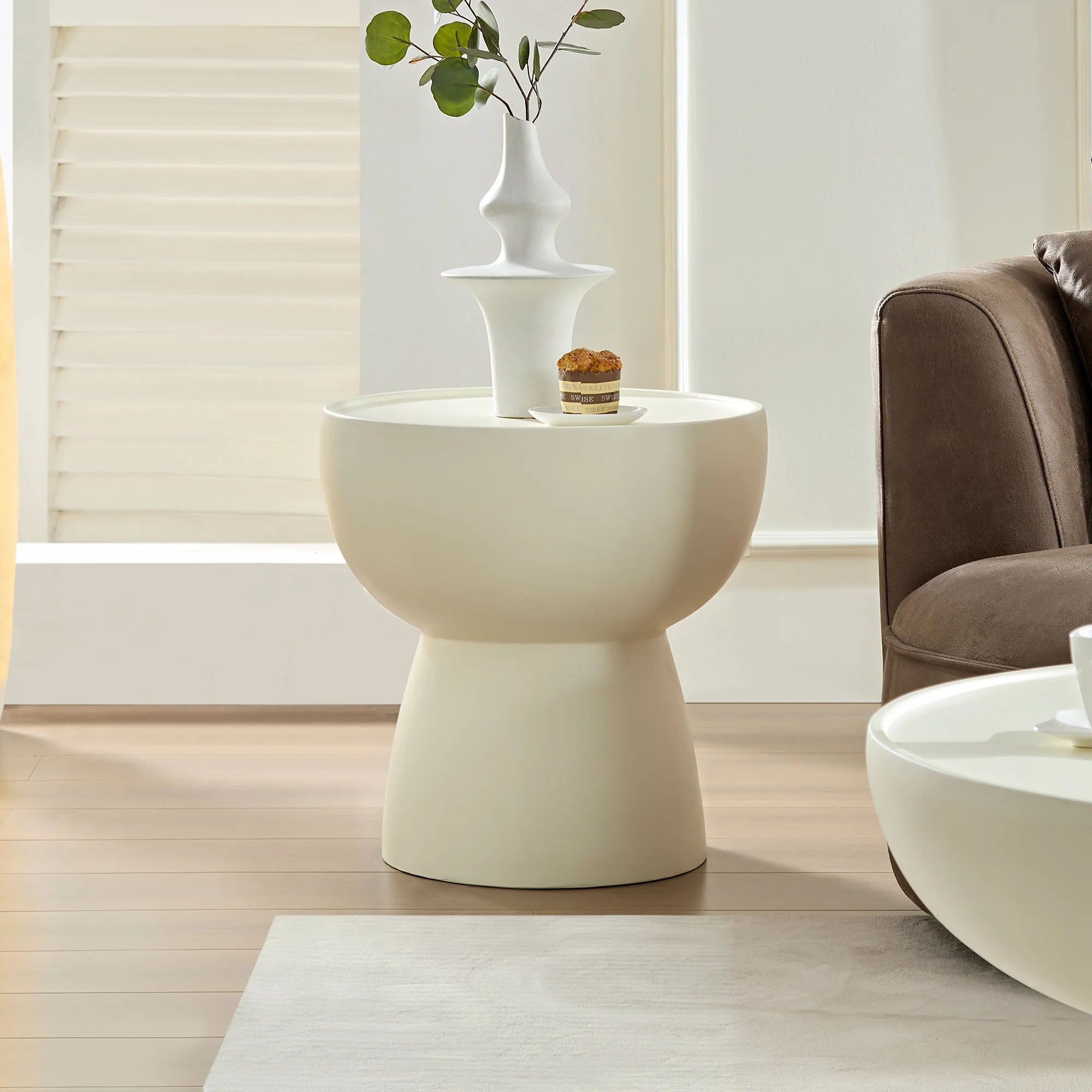2 Pieces Matte White Cream Round Coffee Table Side Table Set