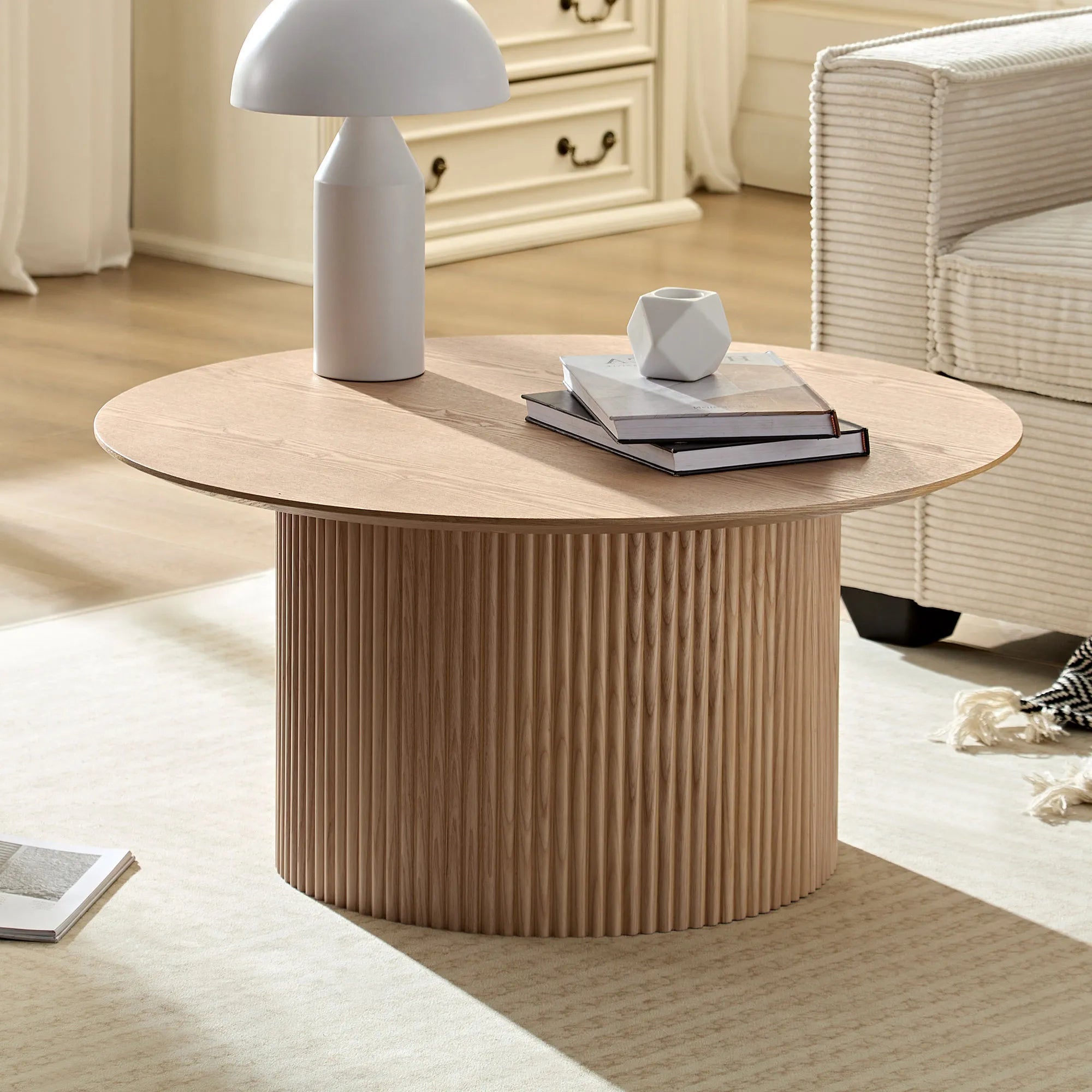 2 Pieces Mid Century Modern Wooden Round Coffee Table Set