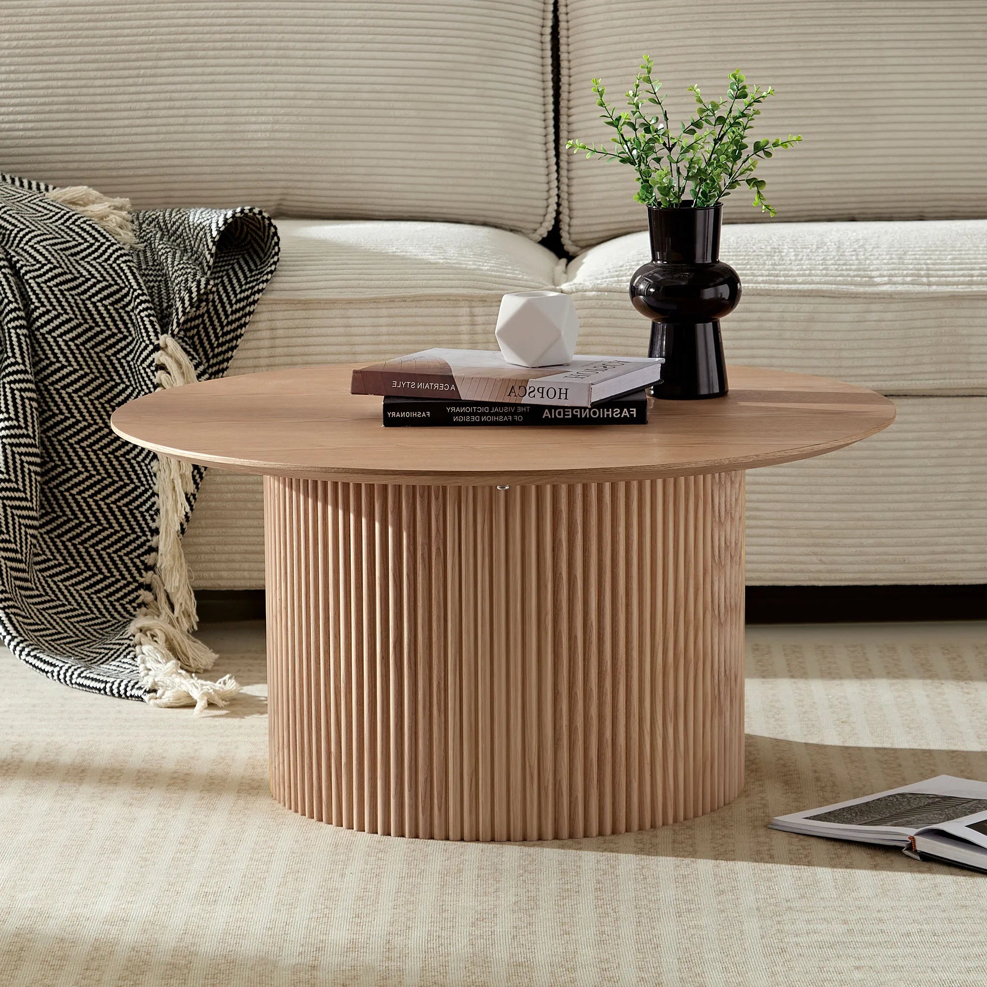 2 Pieces Mid Century Modern Wooden Round Coffee Table Set