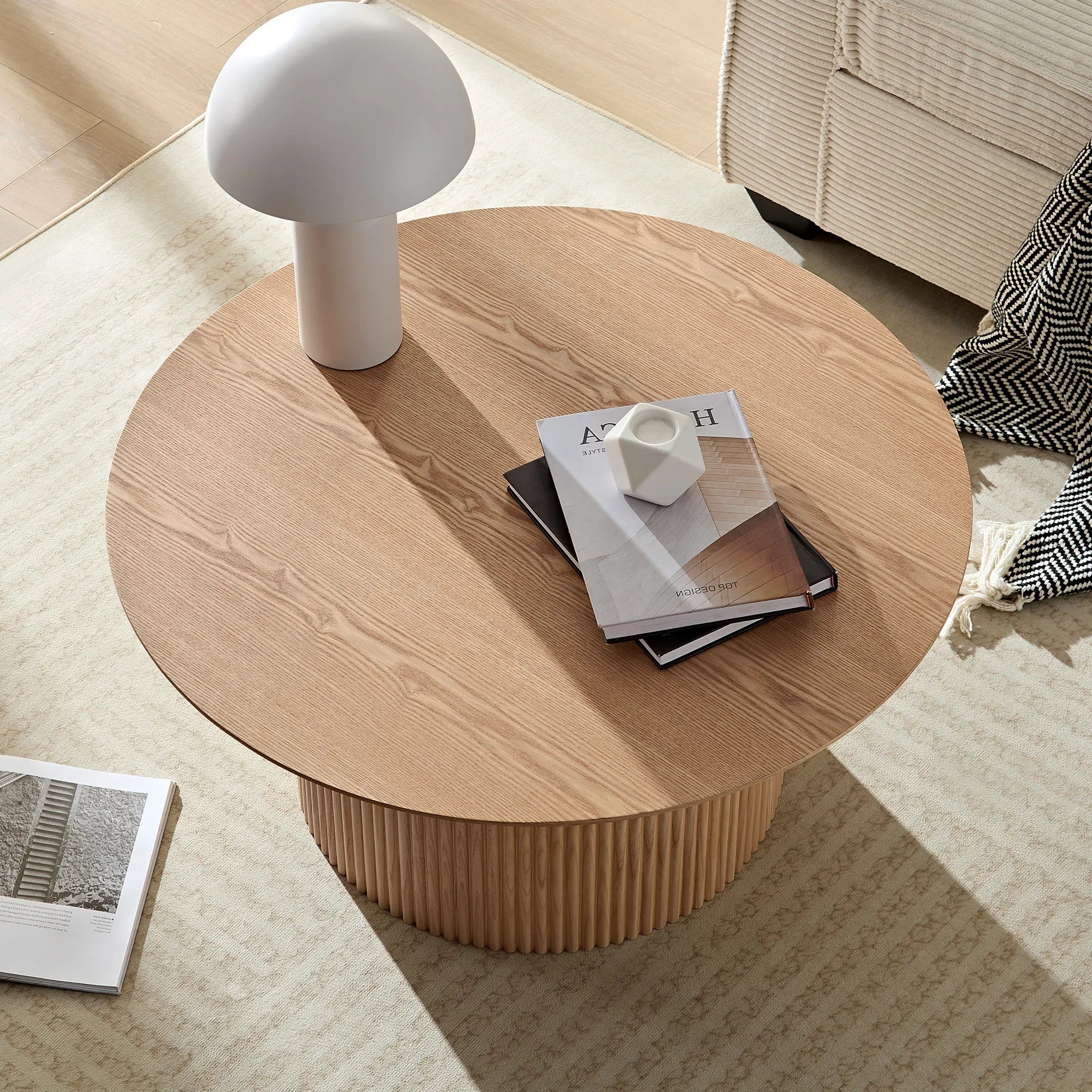 2 Pieces Mid Century Modern Wooden Round Coffee Table Set