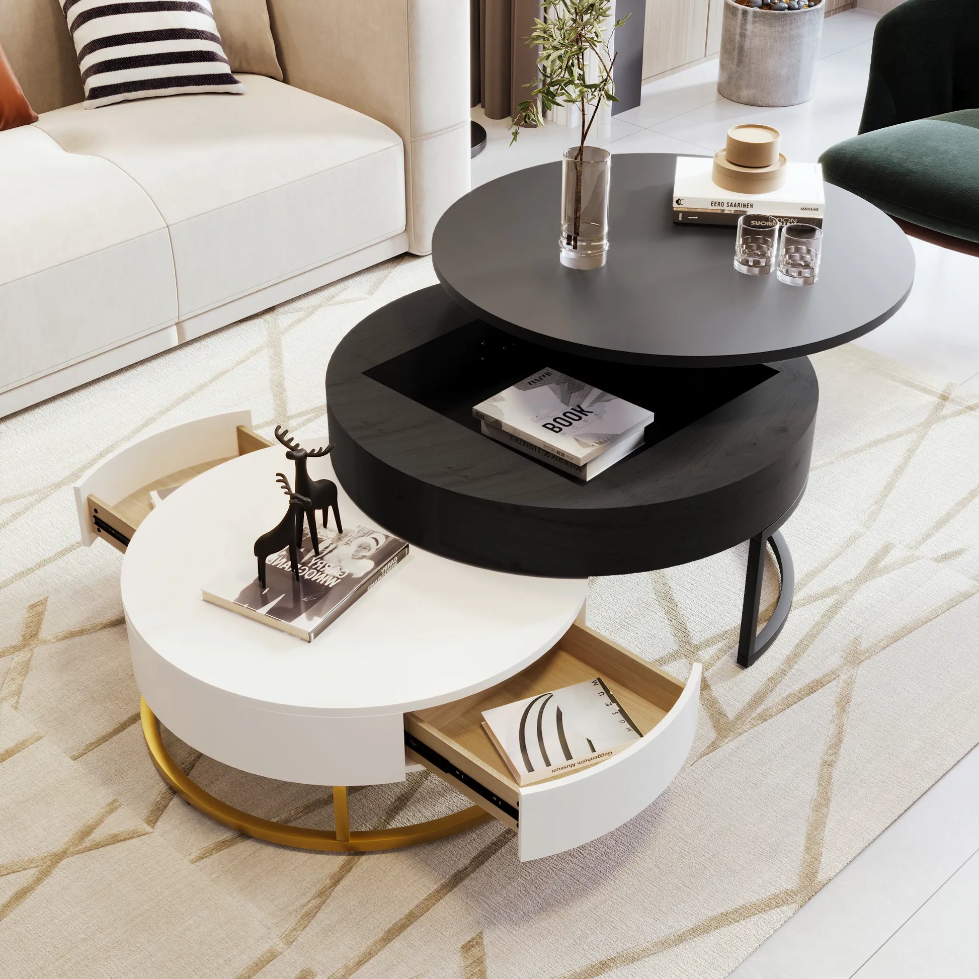 2 Pieces Nesting Coffee Table Set, Round Lift-top
