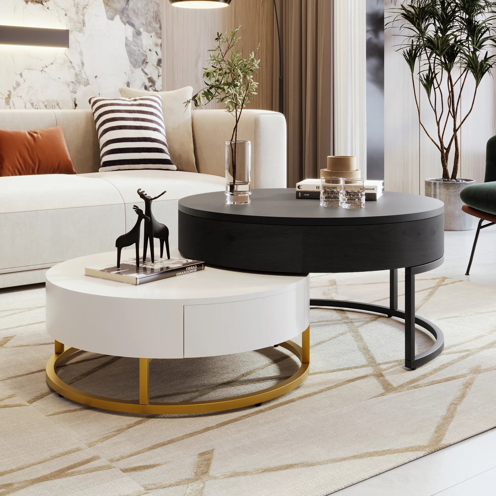2-Piece Round Nesting Coffee Table Set with Lift-Top Storage