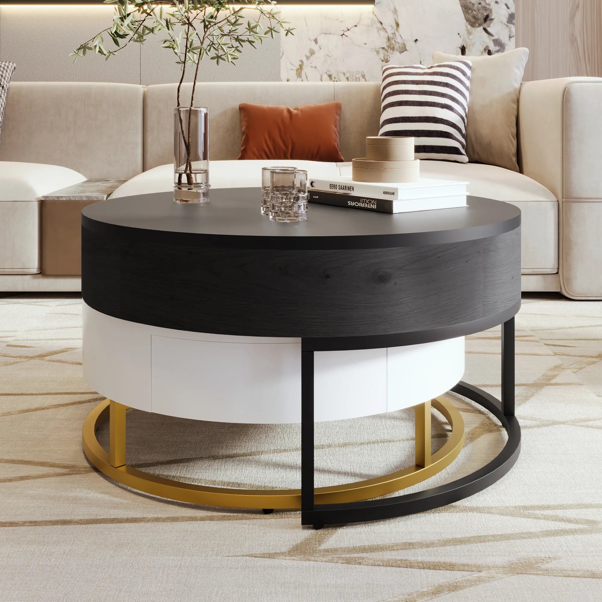 2-Piece Round Nesting Coffee Table Set with Lift-Top Storage