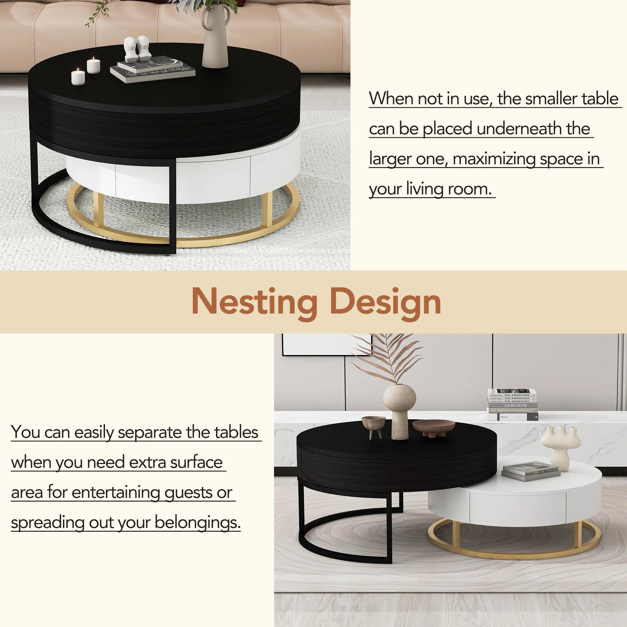 2-Piece Round Nesting Coffee Table Set with Lift-Top Storage