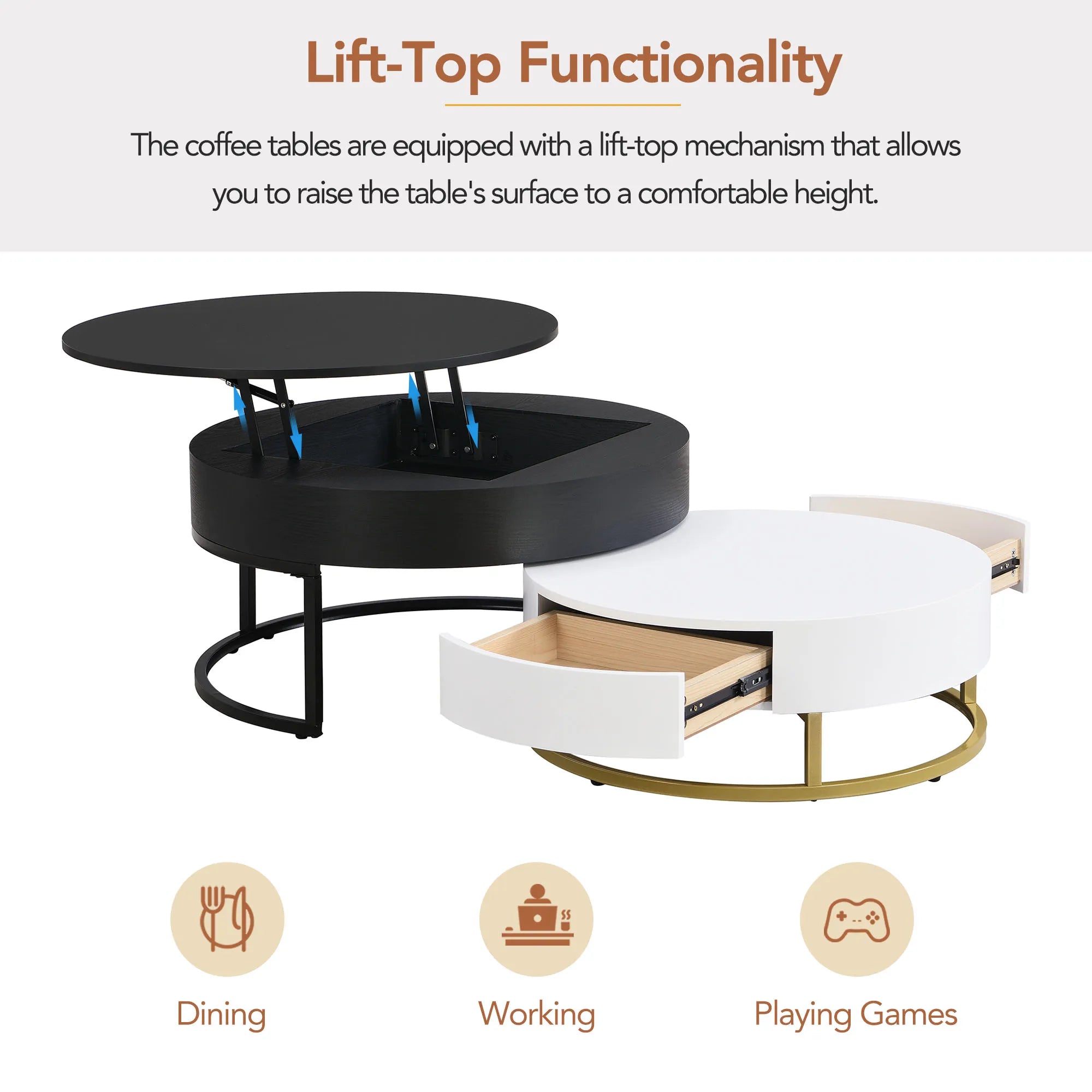 2-Piece Round Nesting Coffee Table Set with Lift-Top Storage