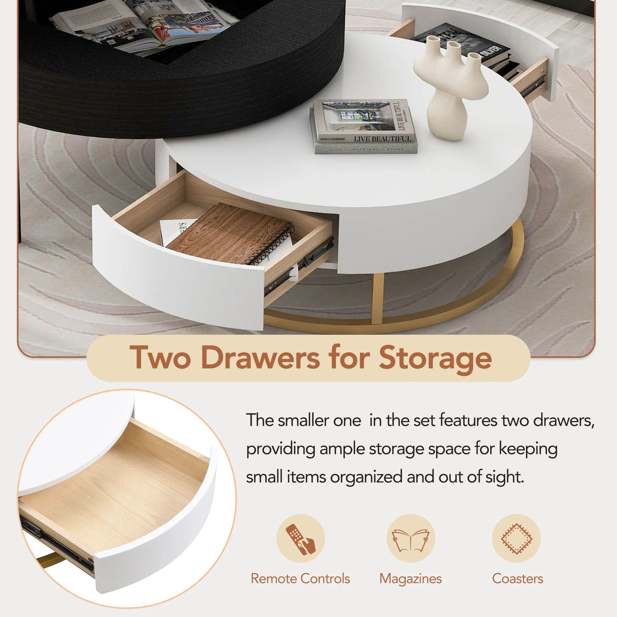 2-Piece Round Nesting Coffee Table Set with Lift-Top Storage