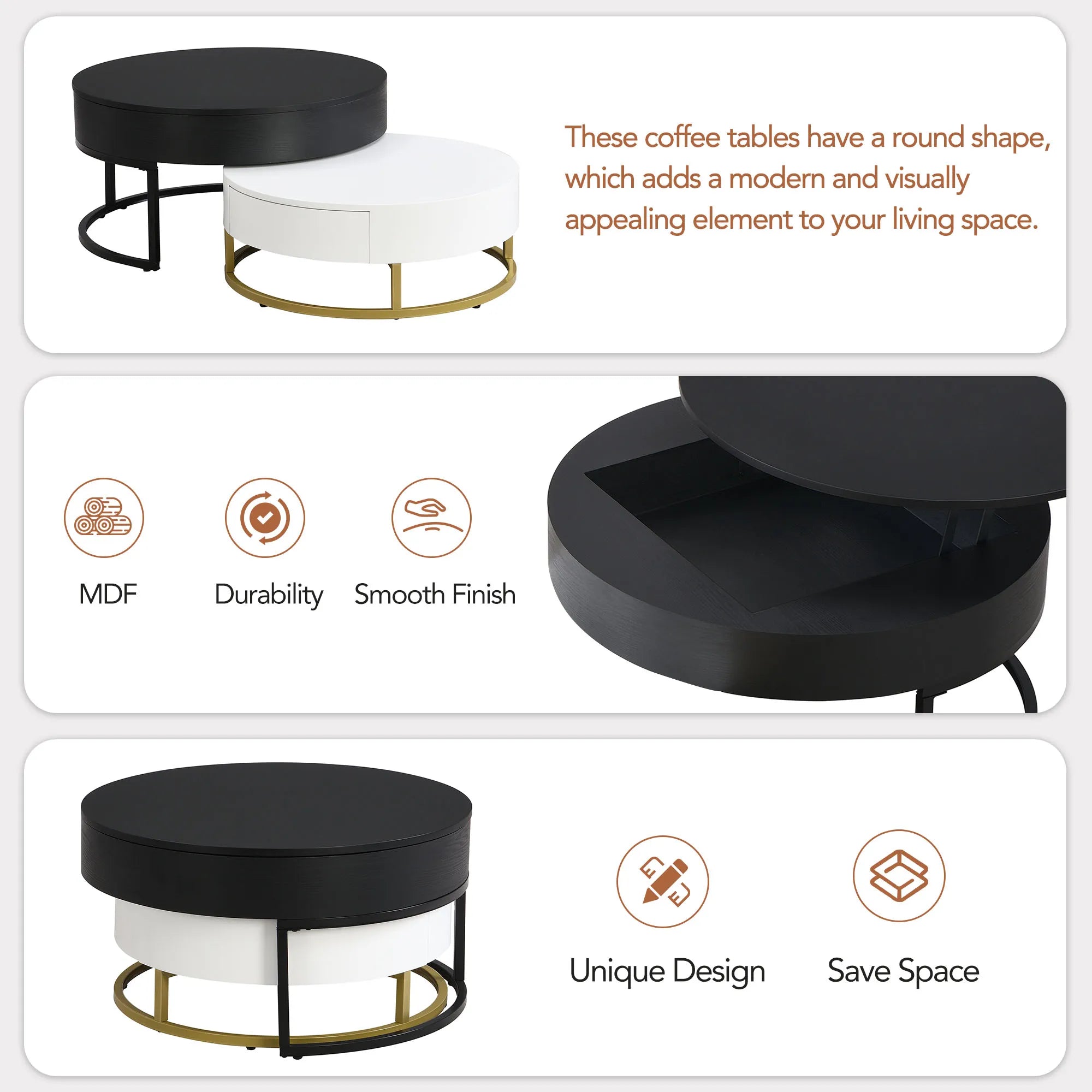 2-Piece Round Nesting Coffee Table Set with Lift-Top Storage
