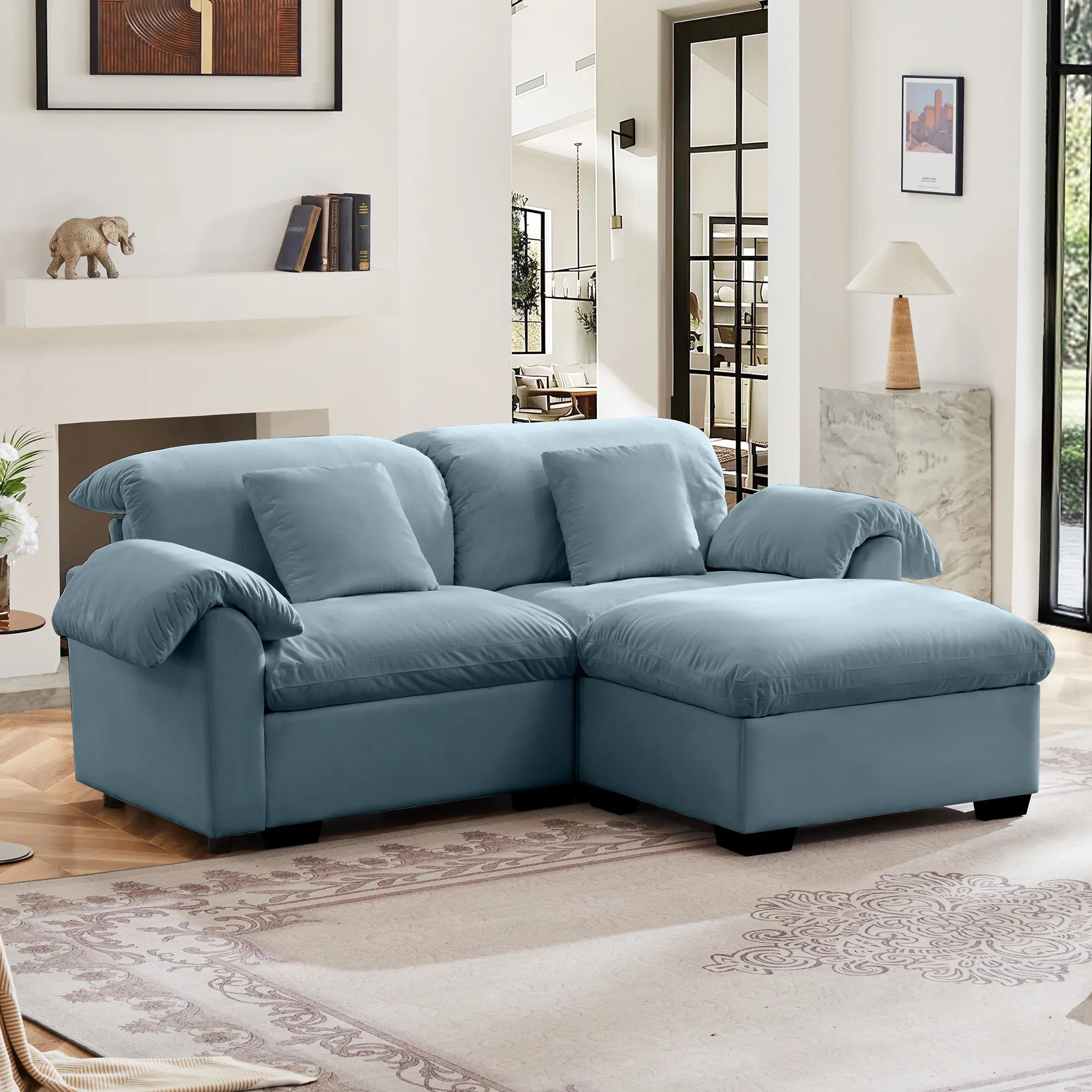 2 Seater Oversized Modern Velvet Cloud Comfort Sectional Sofa with Ottoman & Underseat Storage