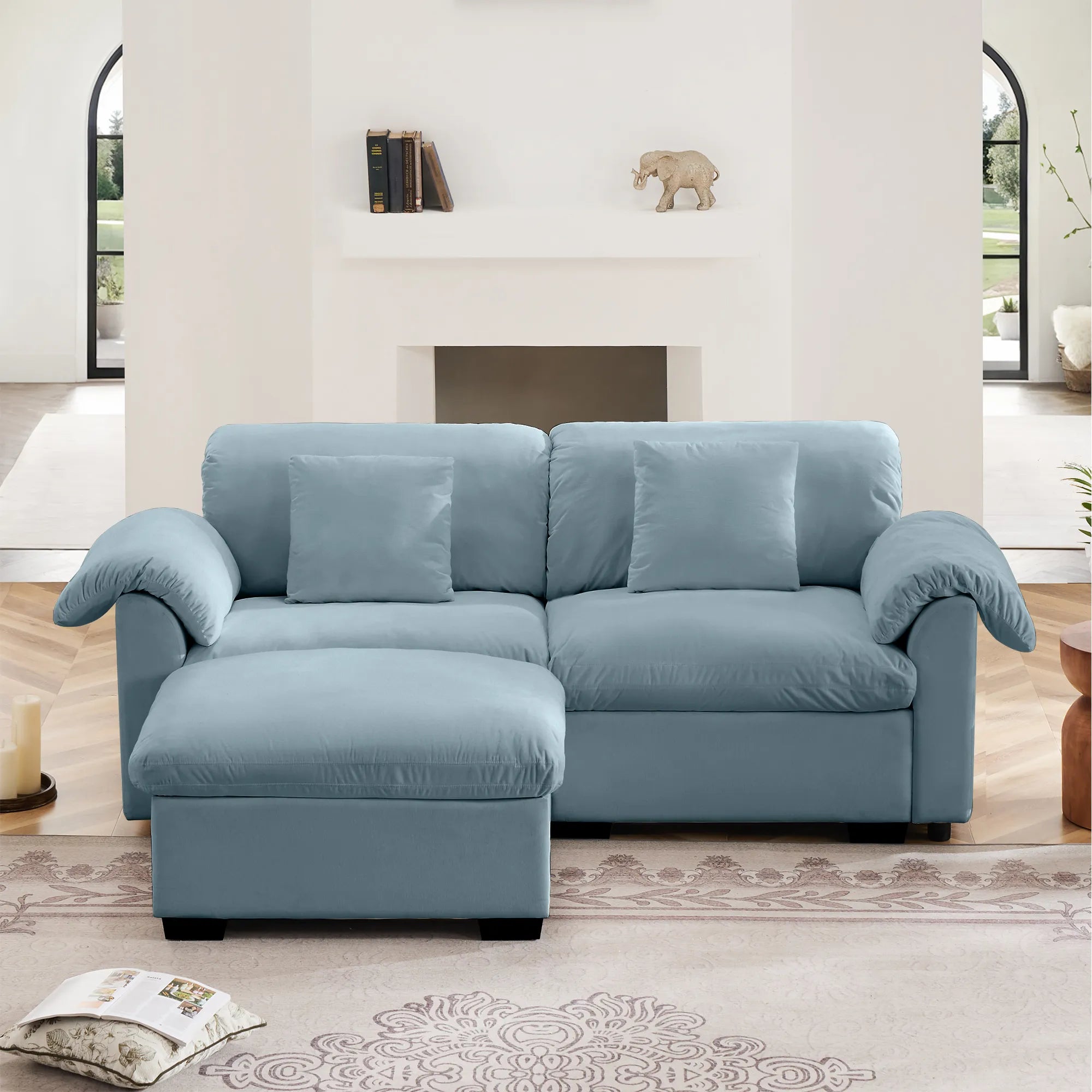 2 Seater Oversized Modern Velvet Cloud Comfort Sectional Sofa with Ottoman & Underseat Storage