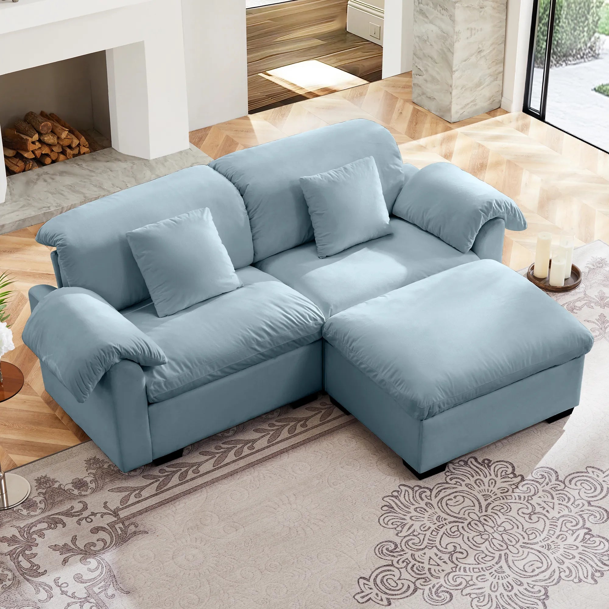 2 Seater Oversized Modern Velvet Cloud Comfort Sectional Sofa with Ottoman & Underseat Storage