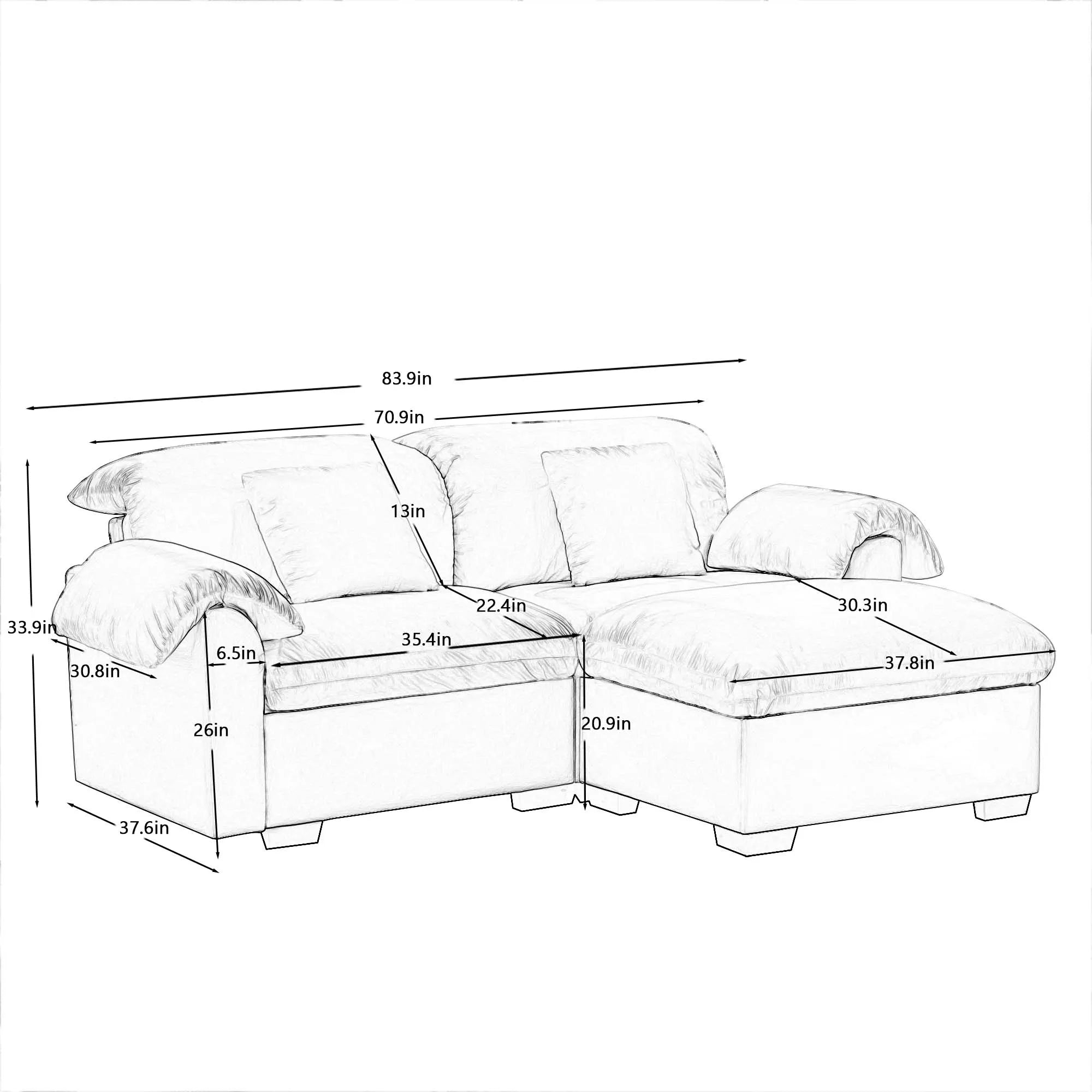 2 Seater Oversized Modern Velvet Cloud Comfort Sectional Sofa with Ottoman & Underseat Storage