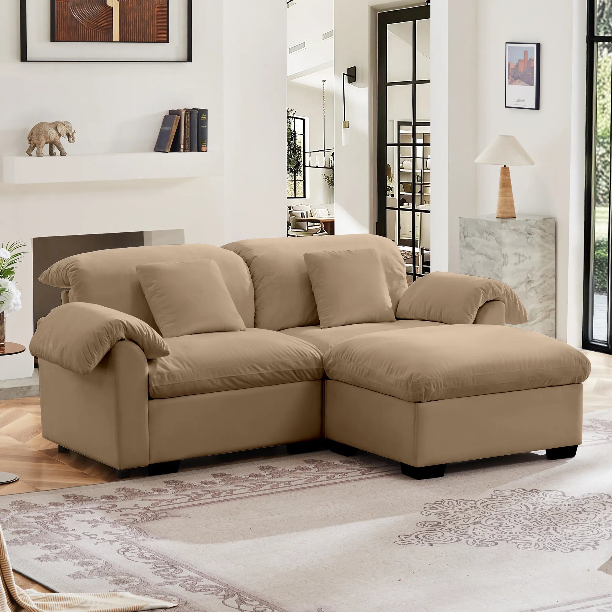 2 Seater Oversized Modern Velvet Cloud Comfort Sectional Sofa with Ottoman & Underseat Storage