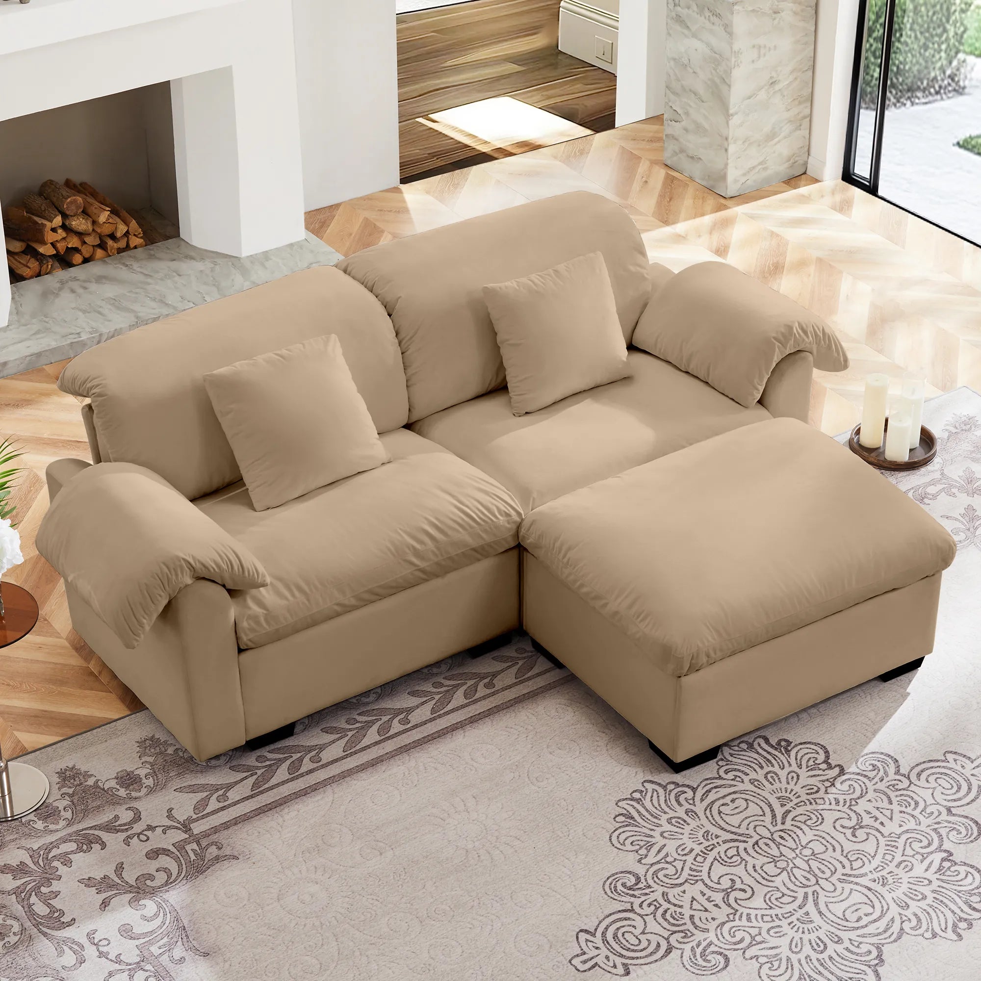 2 Seater Oversized Modern Velvet Cloud Comfort Sectional Sofa with Ottoman & Underseat Storage